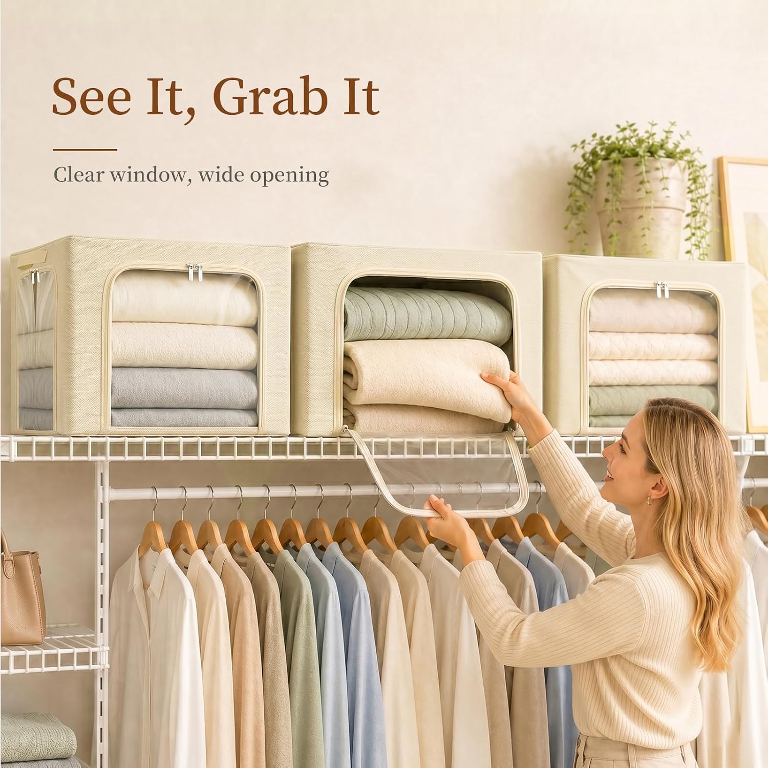 GoMaihe 3 Opening Clothes Storage Bins with Metal Frame, 40L Sweater Storage Organizer for Upper Shelf Closet Storage Boxes with Clear Window for Hoodies Jeans Towel 3-Pack Beige