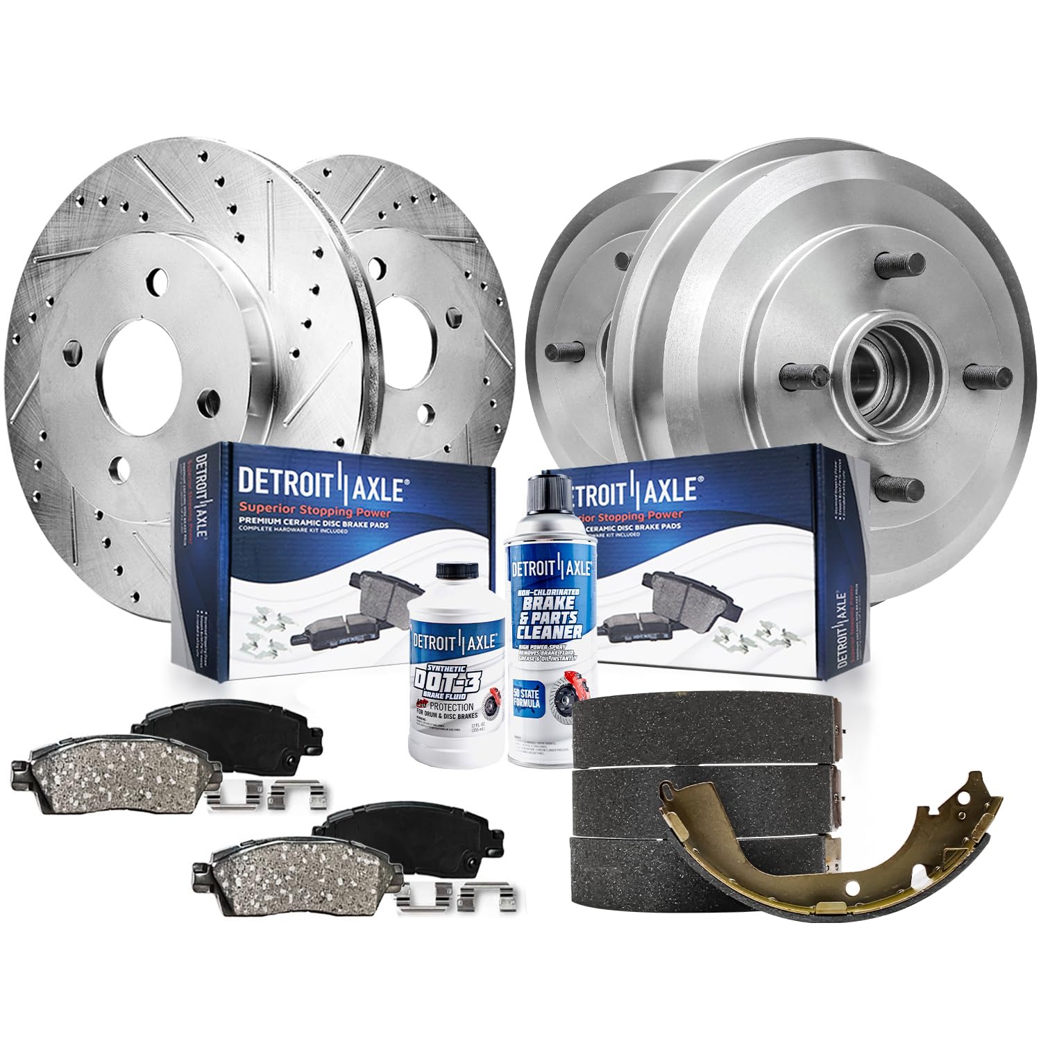 Detroit Axle - Brake Kit for 2000-2004 Ford Focus Drilled &amp; Slotted Brake | Rotors Ceramic Brake Pads Rear Drums Brake Shoes 2001 2002 2003 Replacement 10.16" inch Rotors