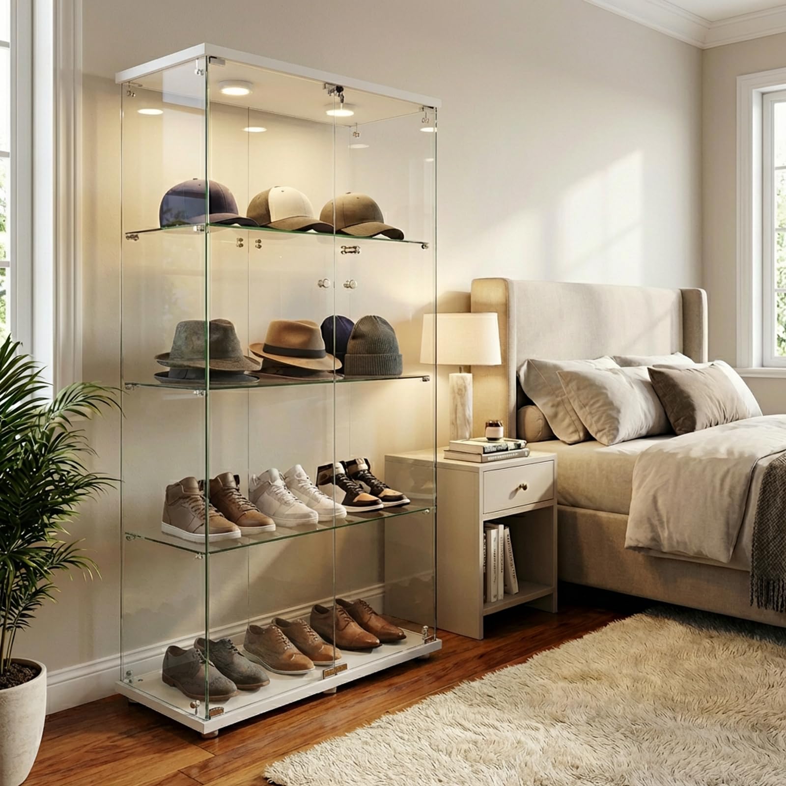 Vitrina de Cristal con iluminación LED, Color Blanco, 80,6 x 36,5 x 164,5 cm, Dos Puertas con Cerradura, Vitrina de Cristal de pie con 3 estantes de Cristal, Vitrina para salón, Dormitorio