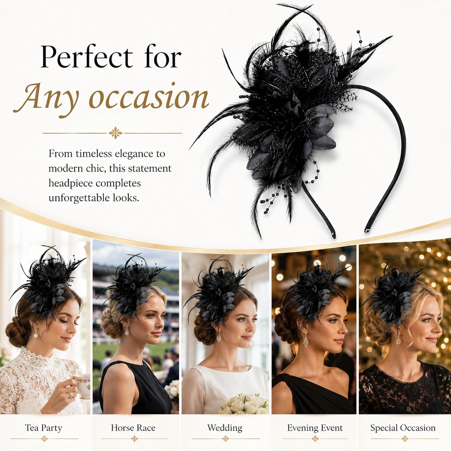 Women's Fascinator Headbands With Flower Pearls - Elegant Tea Party Headband for Weddings, Cocktails,Royal Races - Bridal Veil Hair Accessory for Dresses Halloween Cosplay-Black image 5