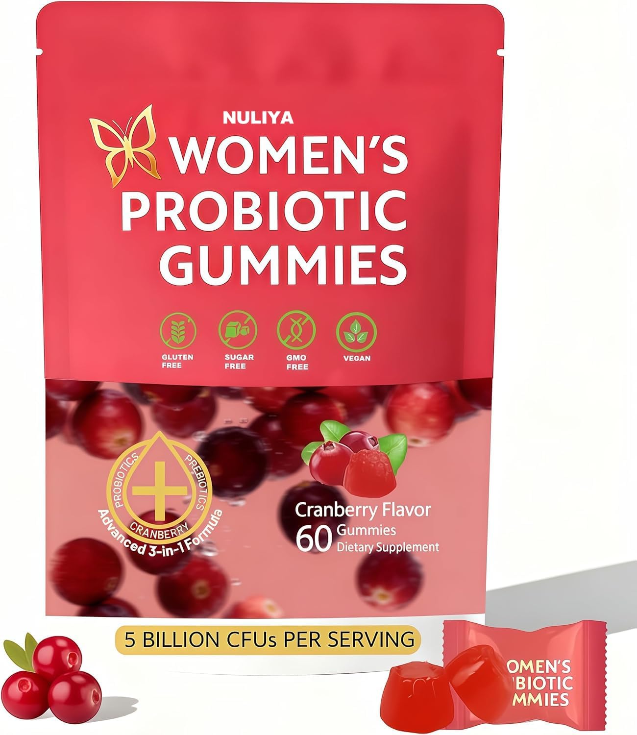 Women’s Probiotic Gummies，Women Exclusive pH Balanced probiotics, enriched with 5 Billion CFUs of Active Bacteria, Cranberry Flavor, Providing Care for You Wellness（60）