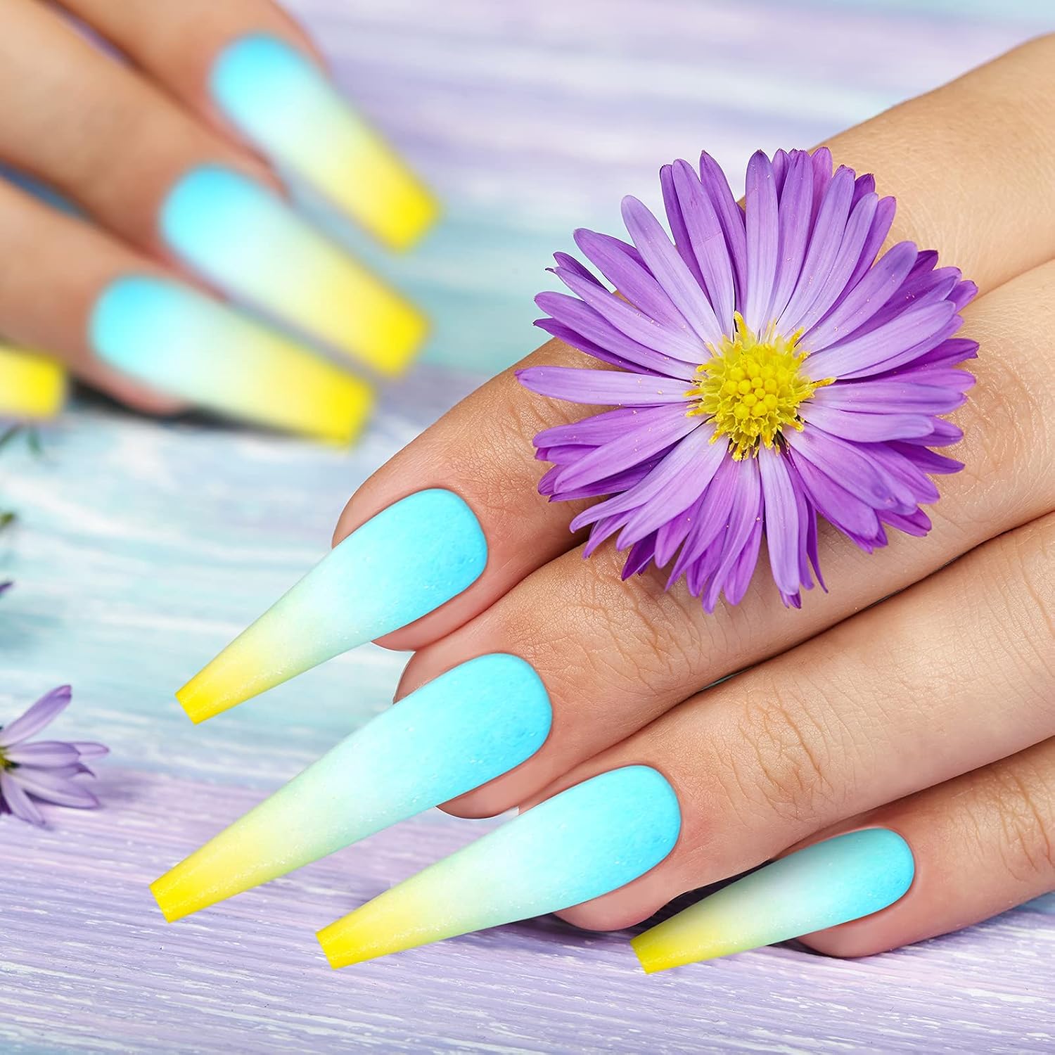 240 Pieces 10 Colors Extra Long Colorful Matte False Nails Matte Ballerina False Nails Full Cover Fake Nails Coffin Flat Press on Nails Coffin Ballerina Nail for Nail Salon (Three-color Gradient)