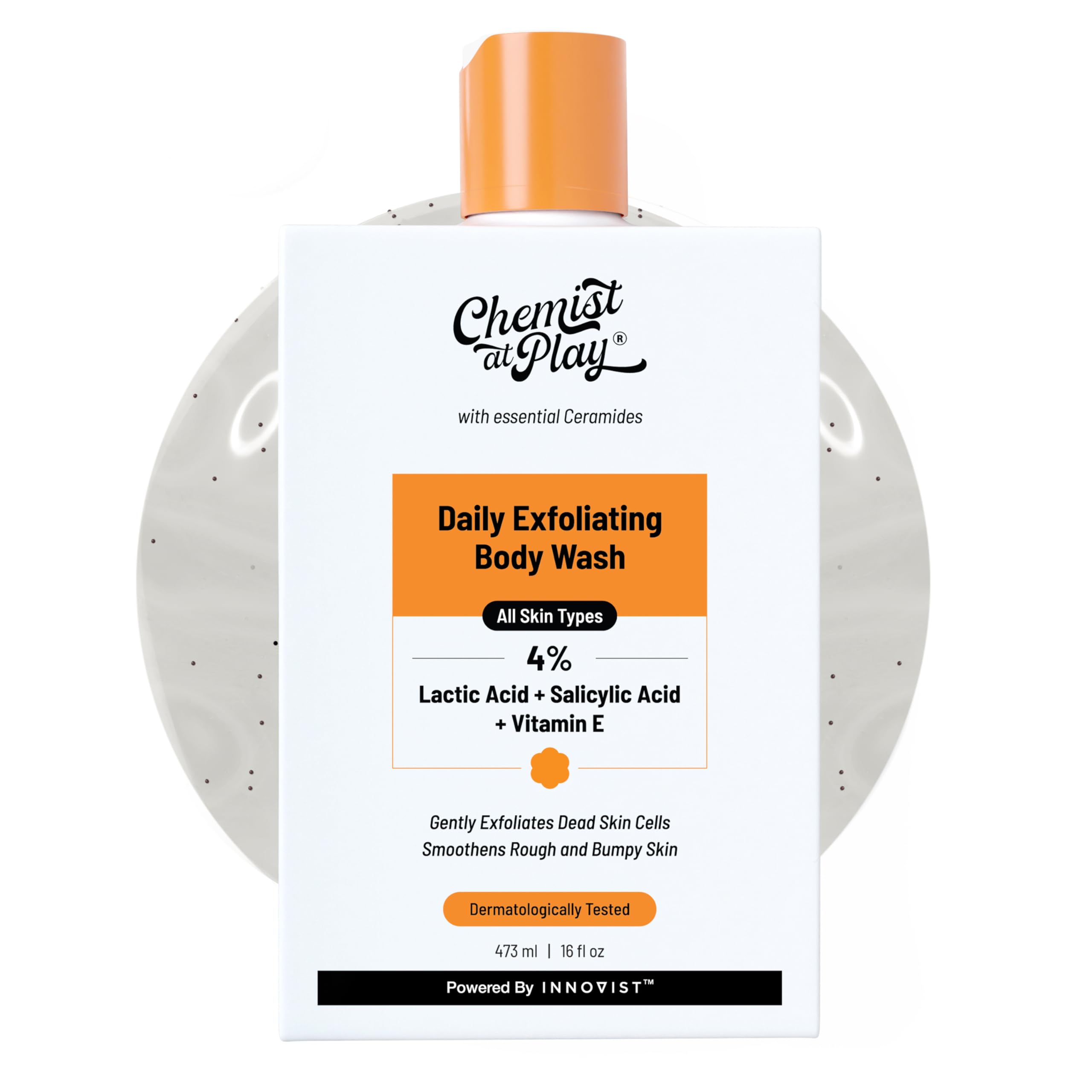 Chemist at Play Exfoliating Body Wash with Ceramides | 2% Lactic Acid + 2% Zemea + 0.5% Vitamin E | For rough, bumpy skin. Gently exfoliates and makes the skin smooth | 473 ml