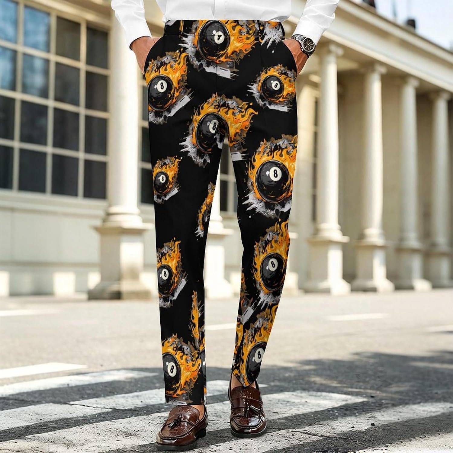 Graffiti 8 Ball Billiards with Flames Men's Classic Fit Suit Pants Straight Leg Design Printed Trousers