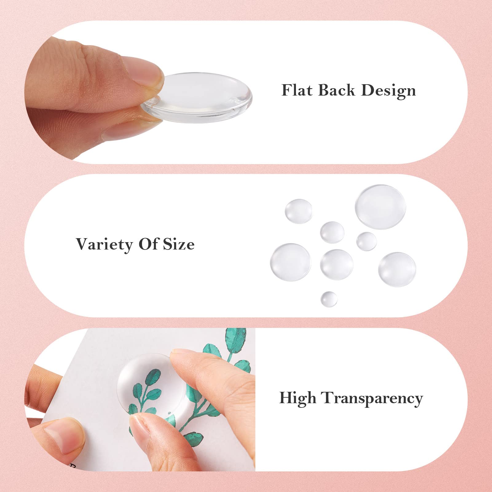 Pandahall 160Pcs Glass Cabochons 8 Sizes Clear Round Glass Cabochon Dome Tiles Non-calibrated Flat Back Glass Cabochon for Earring Necklace Cameo Pendants Souvenir Gift Jewelry Making