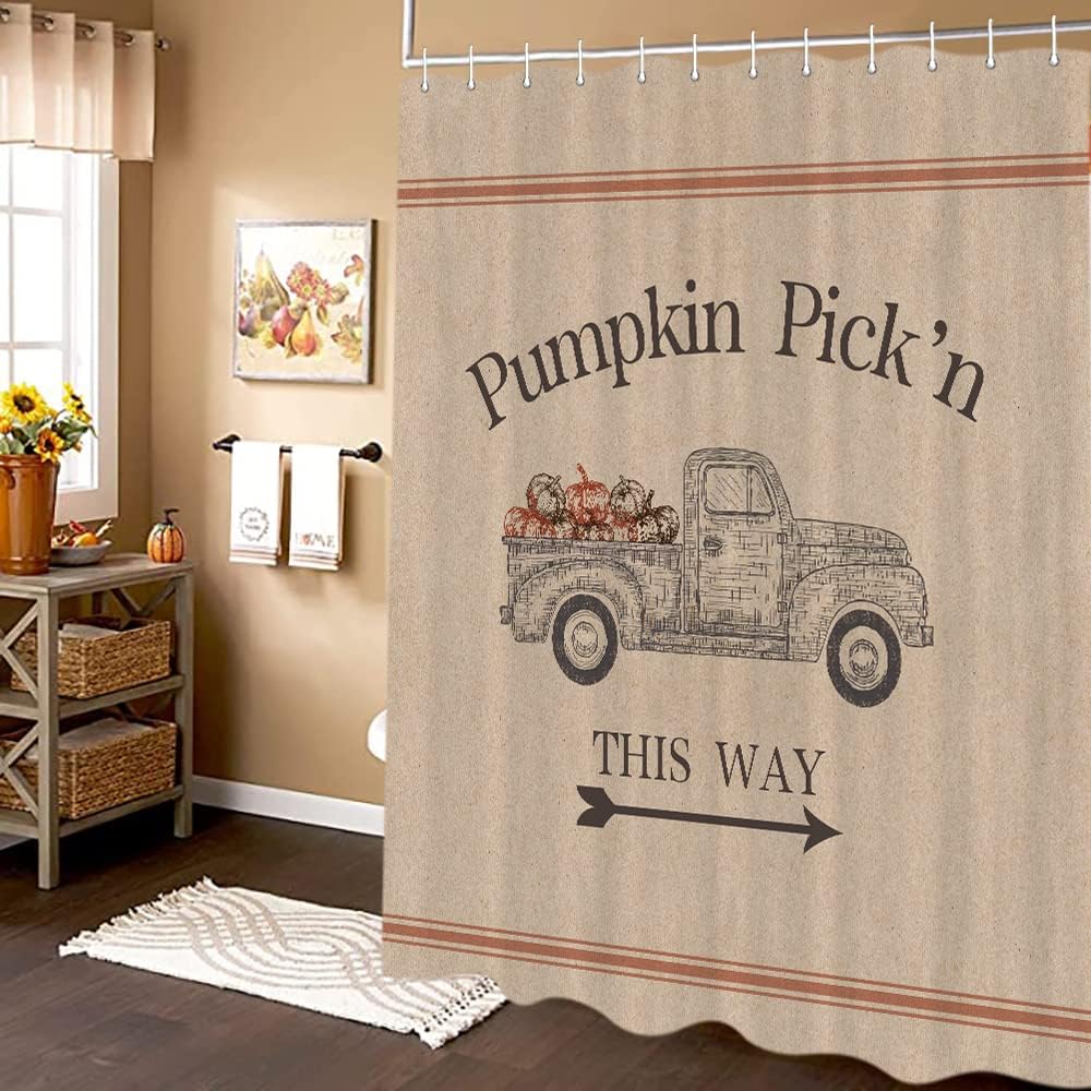 DYNH Fall Pumpkin Shower Curtains for Bathroom, Vintage Autumn Thanksgiving Country Fabric Shower Curtain Set, Halloween Farmhouse Bathroom Accessories Decor, Hooks Included (69" W X 72" H) image 3