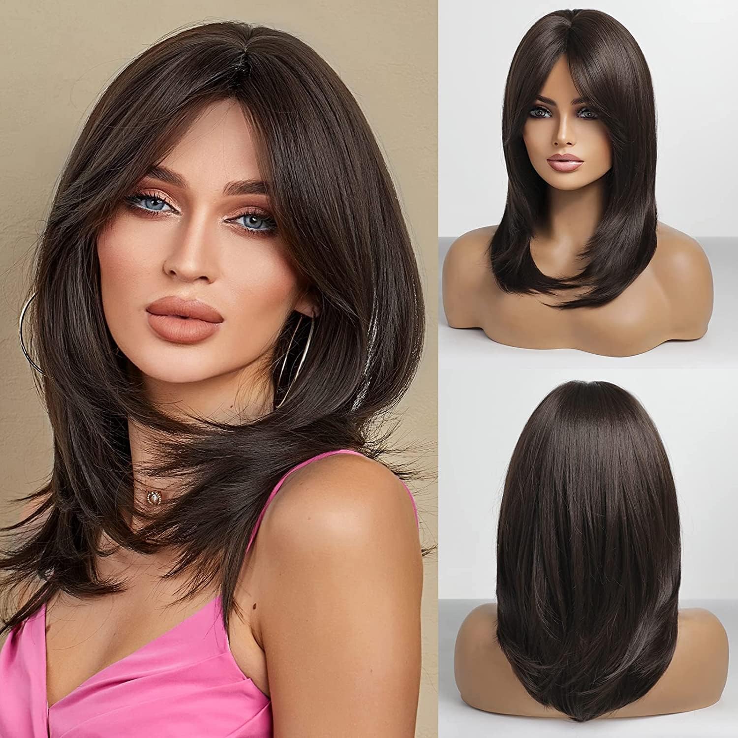 Short Hair Wig for Women | Natural Brown Synthetic Hair with Side Bangs | Full Head Natural-Looking Wig | Fashion, Cosplay & Hair Loss Solution | Includes Comb & Wig Cap