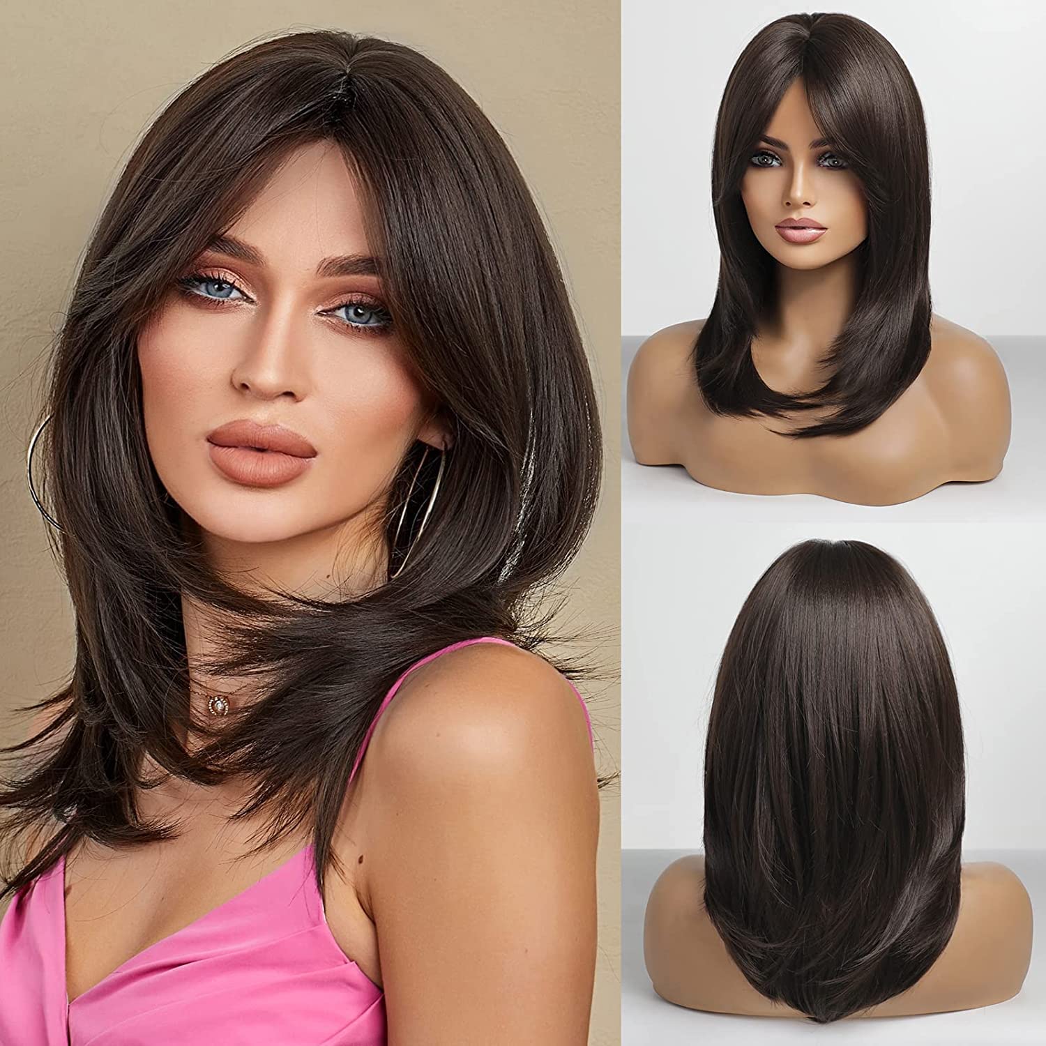 Akashkrishna Short Hair Wig For Women Natural Brown Wigs Synthetic Hair Wig With Side Bangs for Party Fashion Cosplay Cancer Use With Comb & WigCap