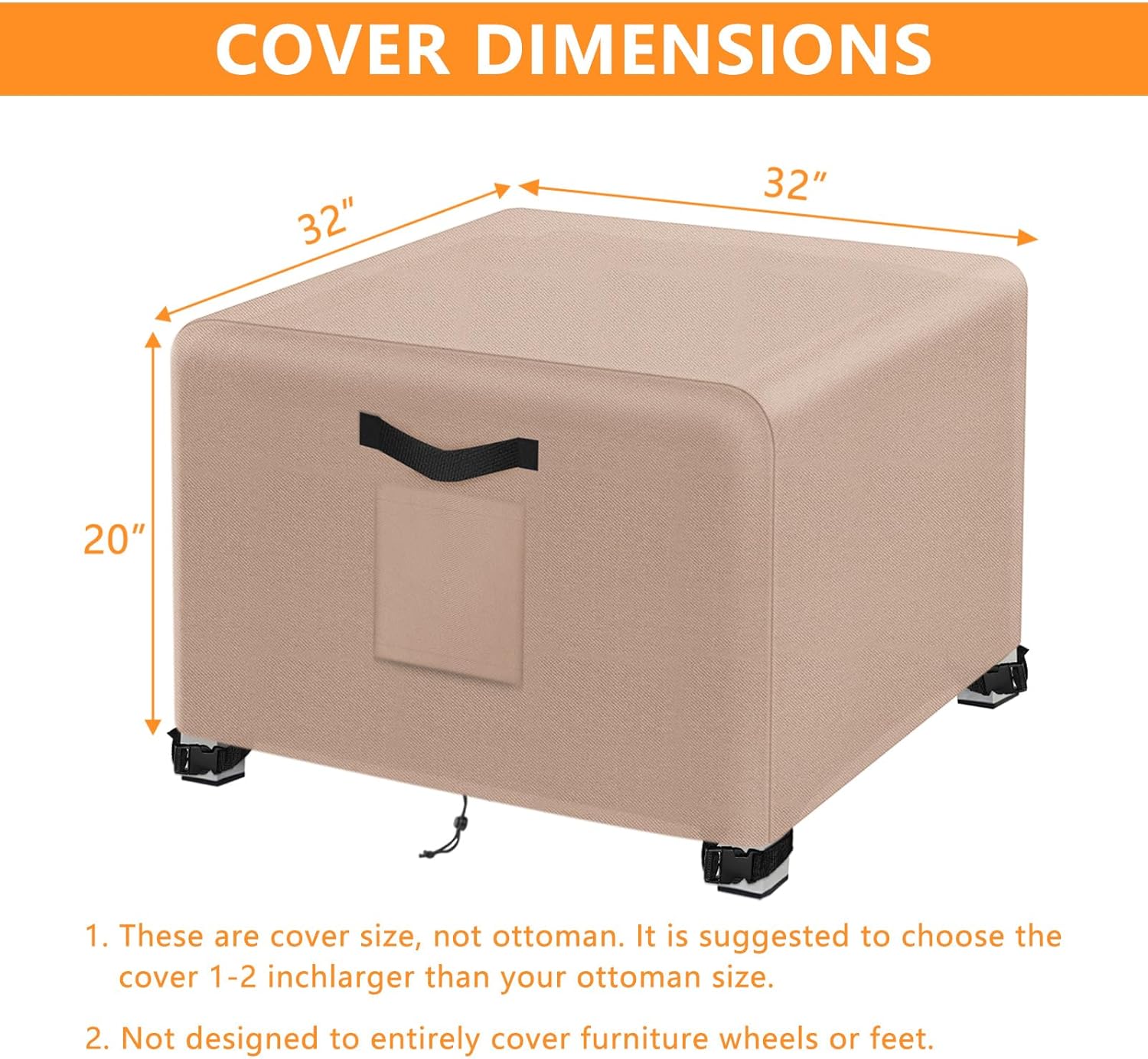 Kovshuiwe 2Pcs-32 L x 32" W x 20" H Outdoor Patio Ottoman Cover, Waterproof Patio Ottoman Cover, Heavy Duty Outdoor Furniture Cover with Padded Handles,Khaki