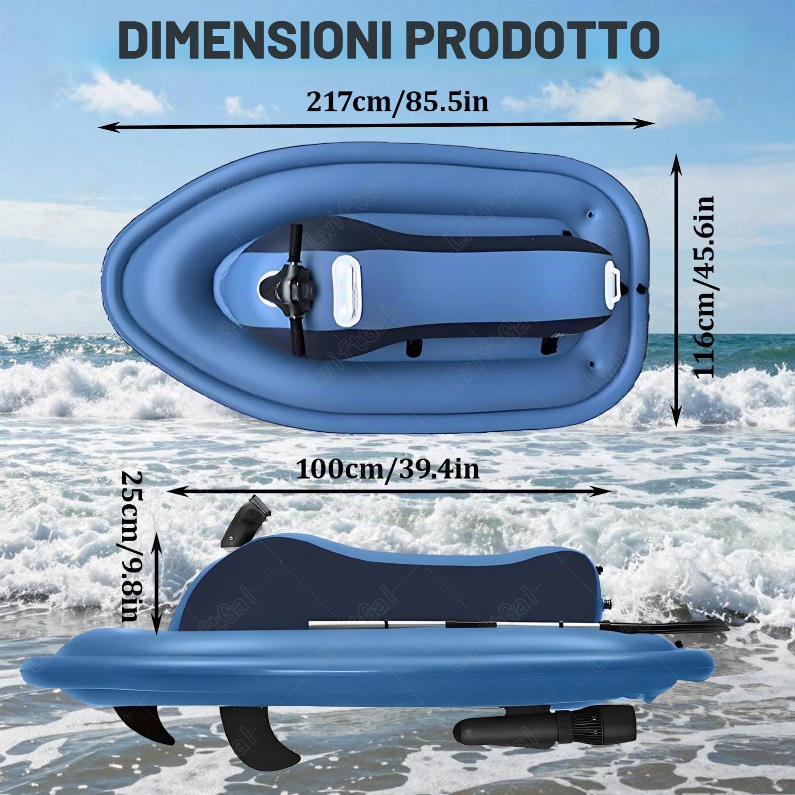 Motoscafo Gonfiabile, Moto Acqua Elettrica, Gommoncino con Doppia Pinna, Barca Motore Elettrico, Controllo velocità 9 modalità velocità, per Snorkeling e Escursioni Blue-Nothrusters