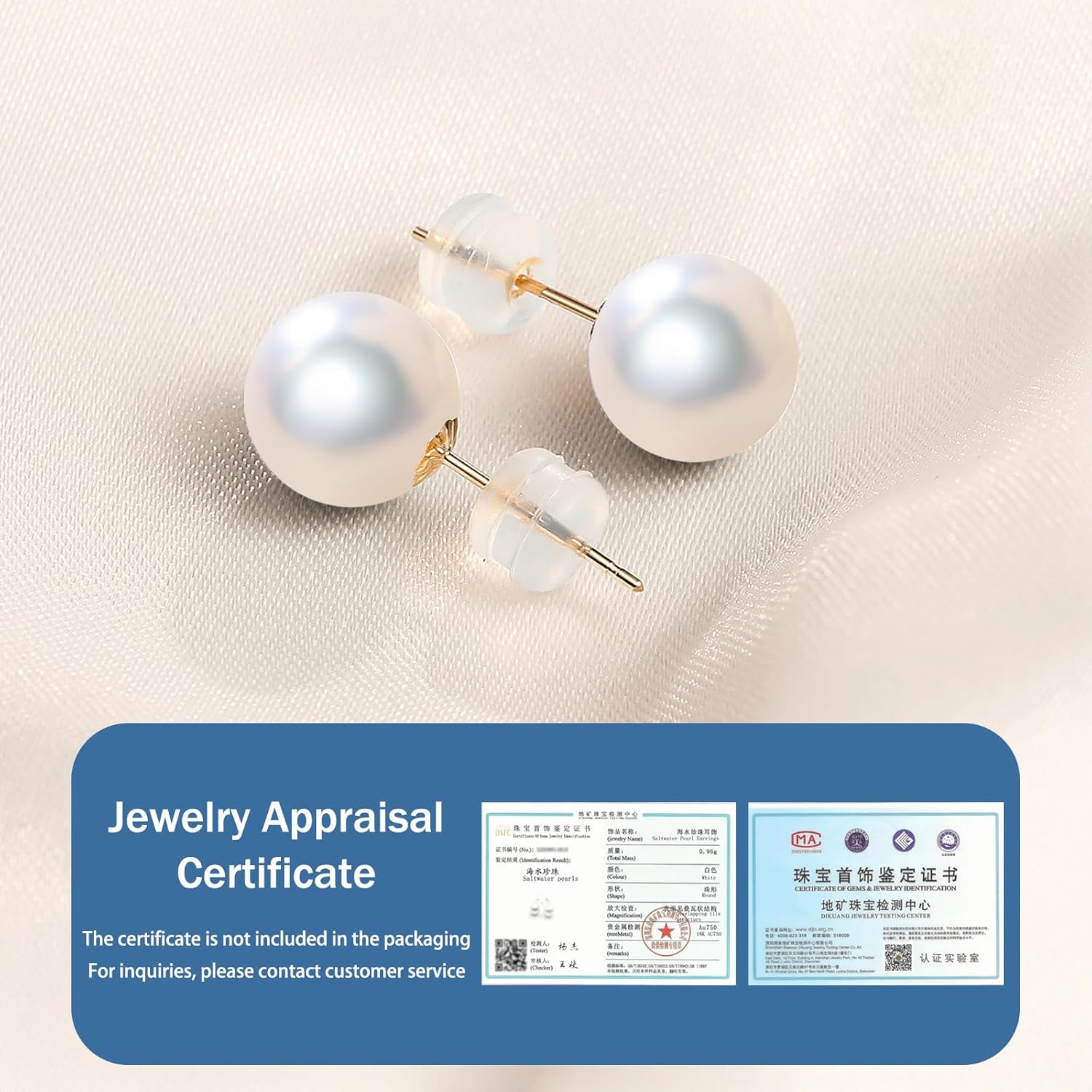 White Akoya Pearl Earrings, Round AAAA Pearls,18K Gold Stud Pearl Earrings Hypoallergenic with Real Genuine Cultured Pearls Luxury Jewelry Gift For Women