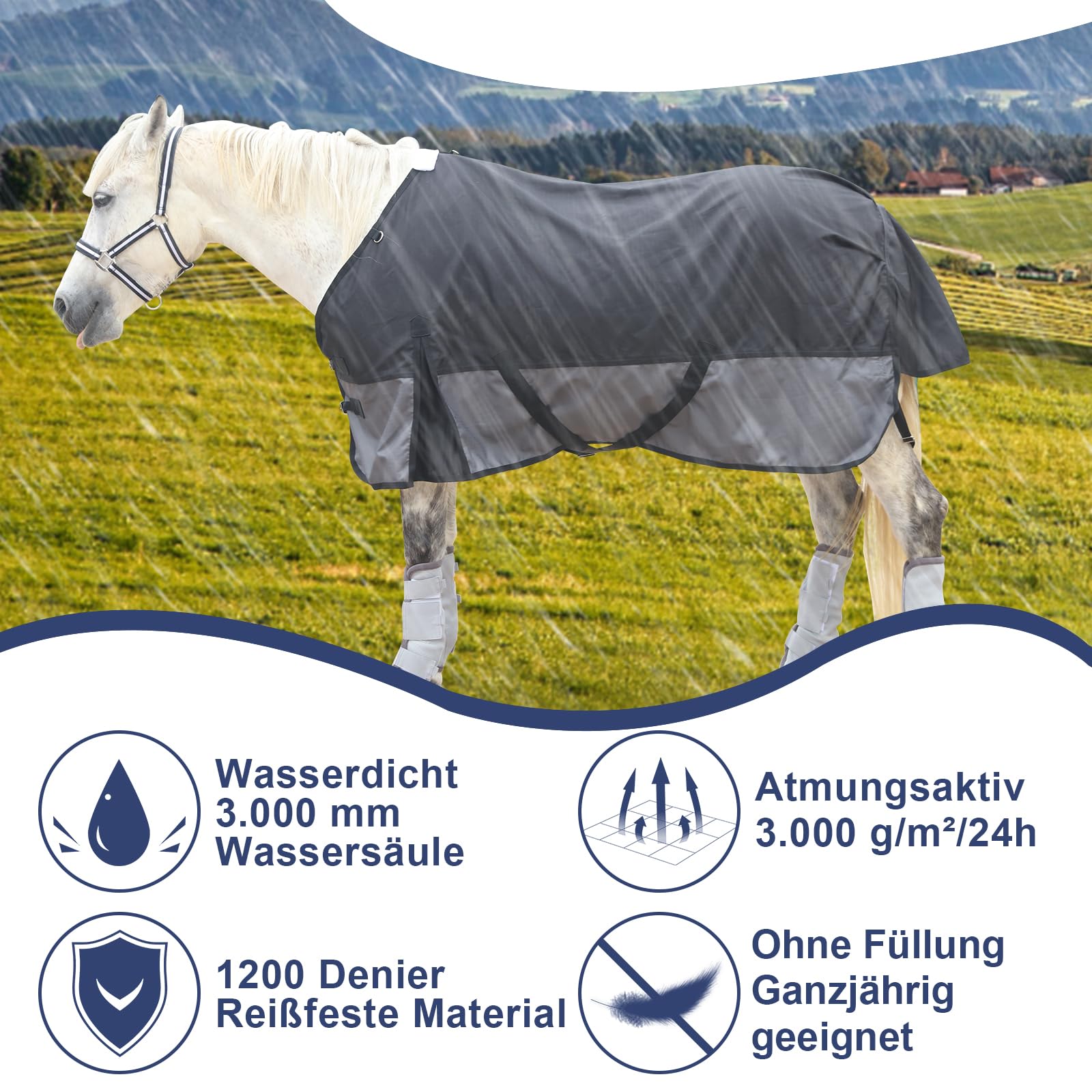 1200D - Manta para caballo sin relleno (0 g), ligera, impermeable y transpirable, para caballos, para exteriores, color negro y gris, 130 cm