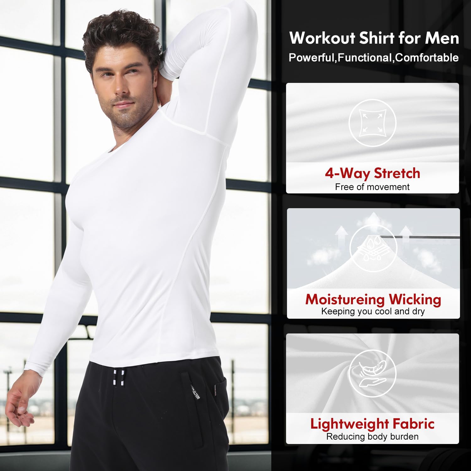 CL convallaria 4 Pack Compression Shirt Men Long Sleeve Cooling Dry Running Tops Athletic Base Layer for Sports
