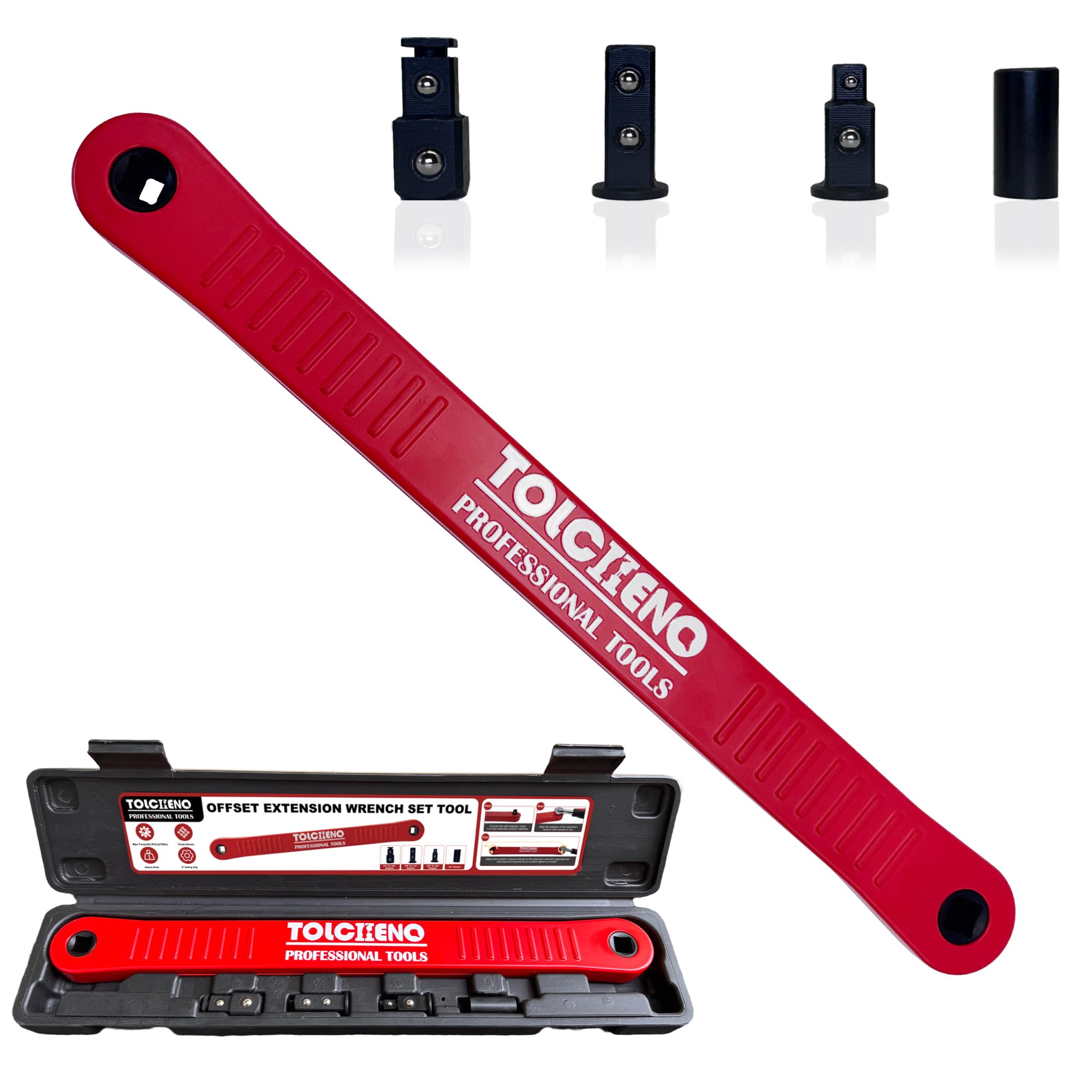 Ensemble de clés à molette offset, outil de prolongation de clé offset Pro Zero avec adaptateurs de manivelle carrée de 1/10,2 cm, 3/20,3 cm, 1/5,1 cm - Clé universelle pour espaces (Rouge)