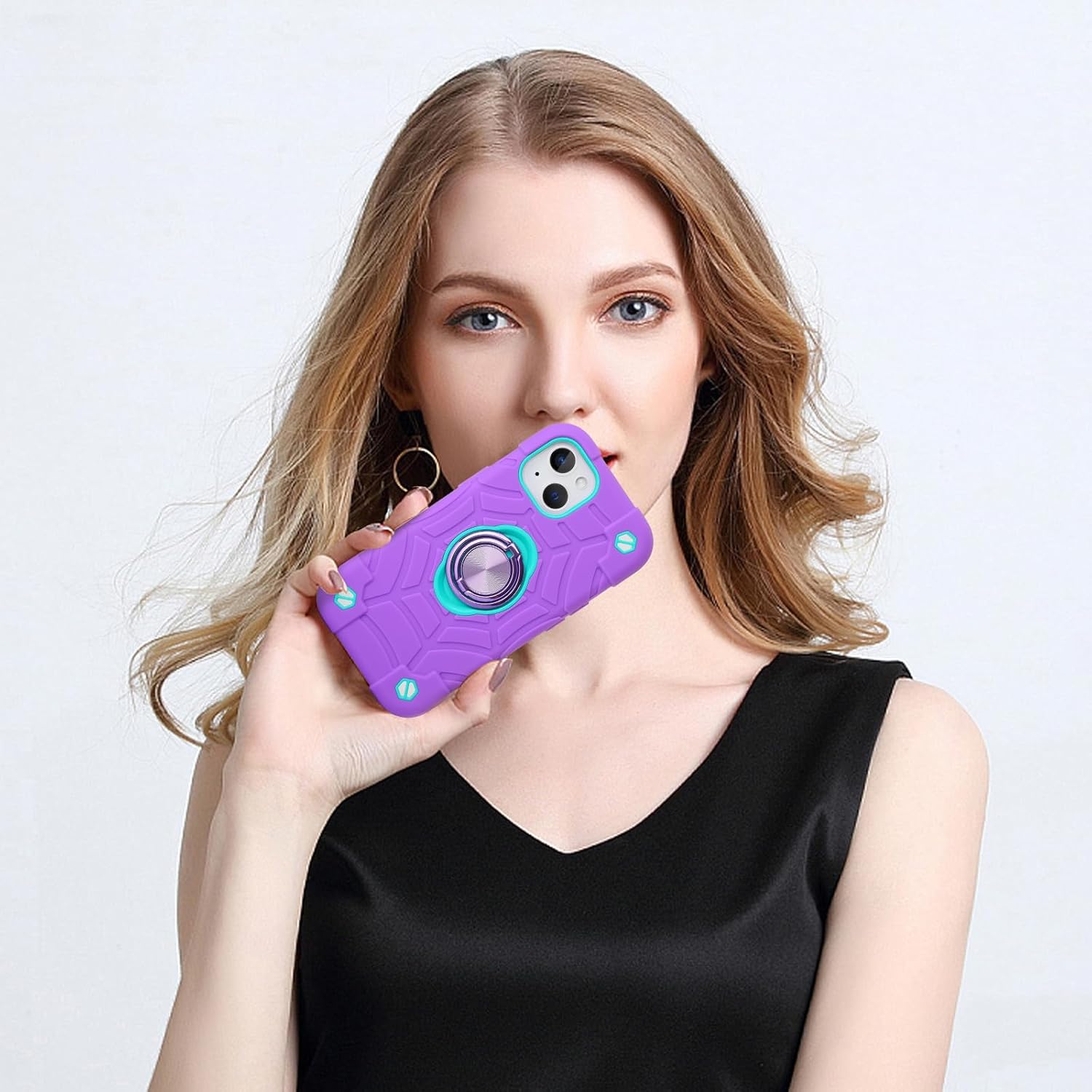 for iPhone 14 Case/iPhone 13 Case, with Kickstand (not Compatible with Plus Sized Models),Shockproof Hybrid Hard PC Soft Rubber Case for iPhone 14/13 6.1 inch (Purple+Mint) - Image 5