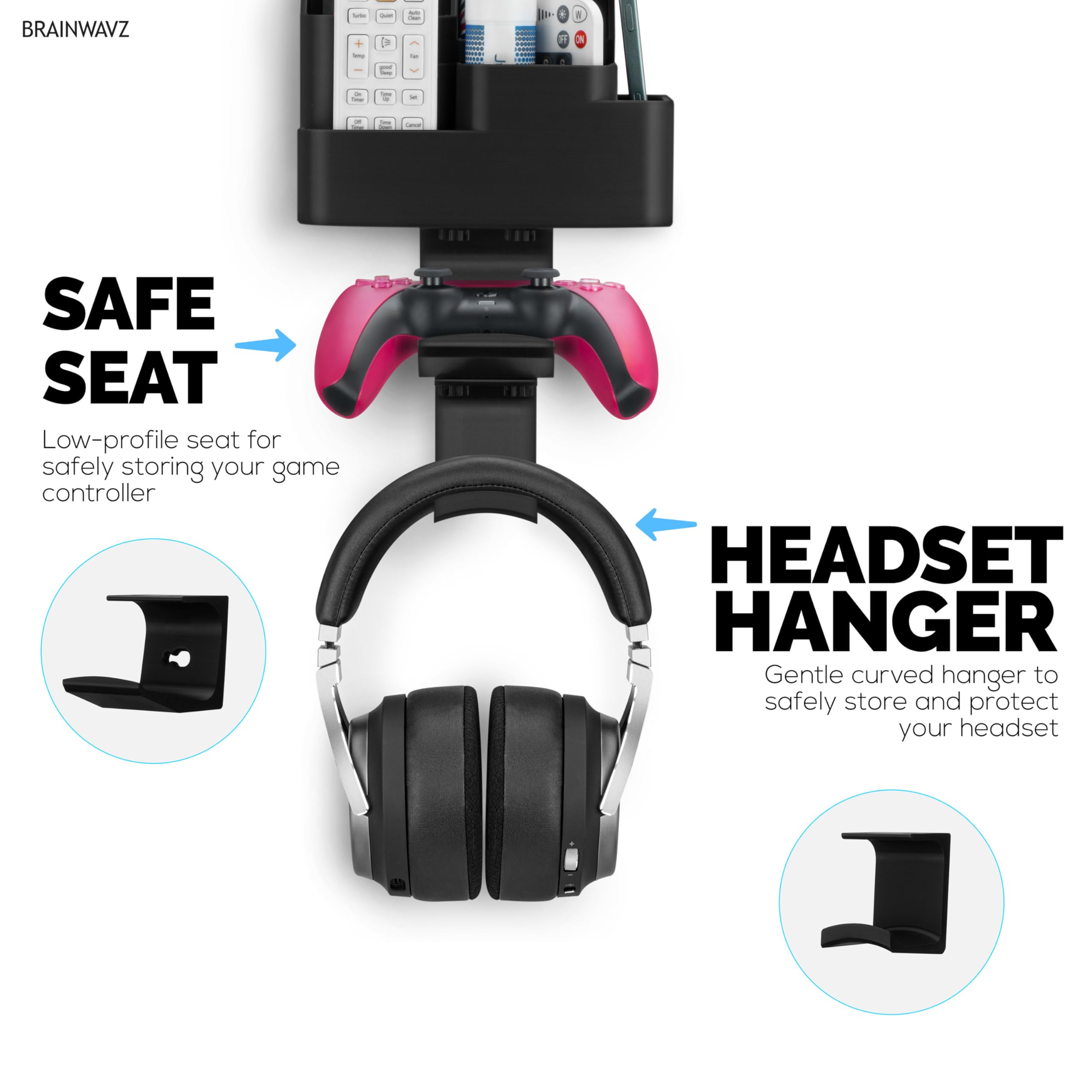 BRAINWAVZ Organizer da parete per telecomandi e videogiochi, supporto per telecomandi/mobile con ganci rimovibili per cuffie e controller – Adatto per PS5, Xbox, TV e telecomandi in streaming