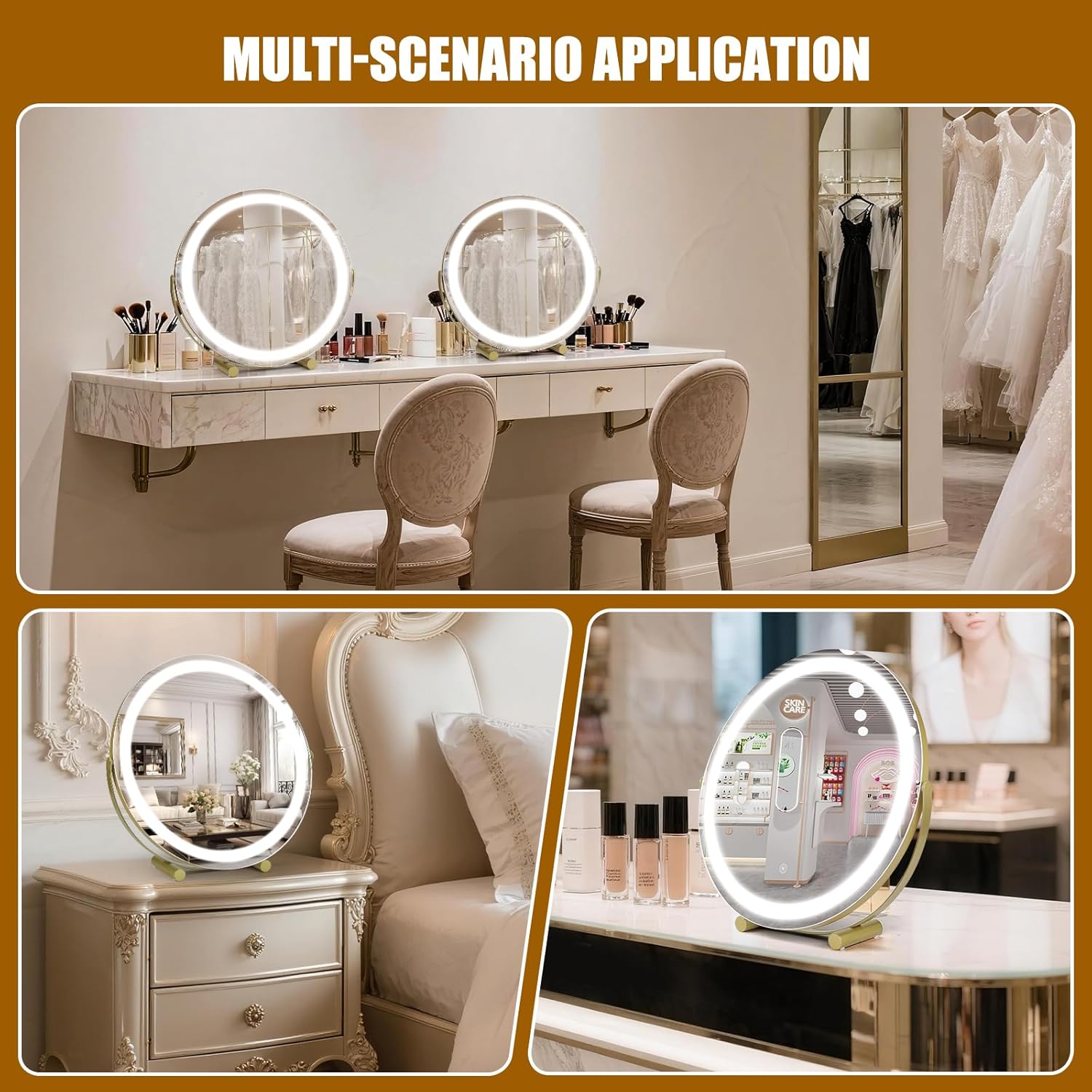 Vanity Mirror with Lights, 18" LED Makeup Mirror, HD Professional Mirror, Smart Touch with 3-Color Lighting, Dimmable, 360° Rotation, Lighted Up for Makeup Desk, Bedroom (Gold)