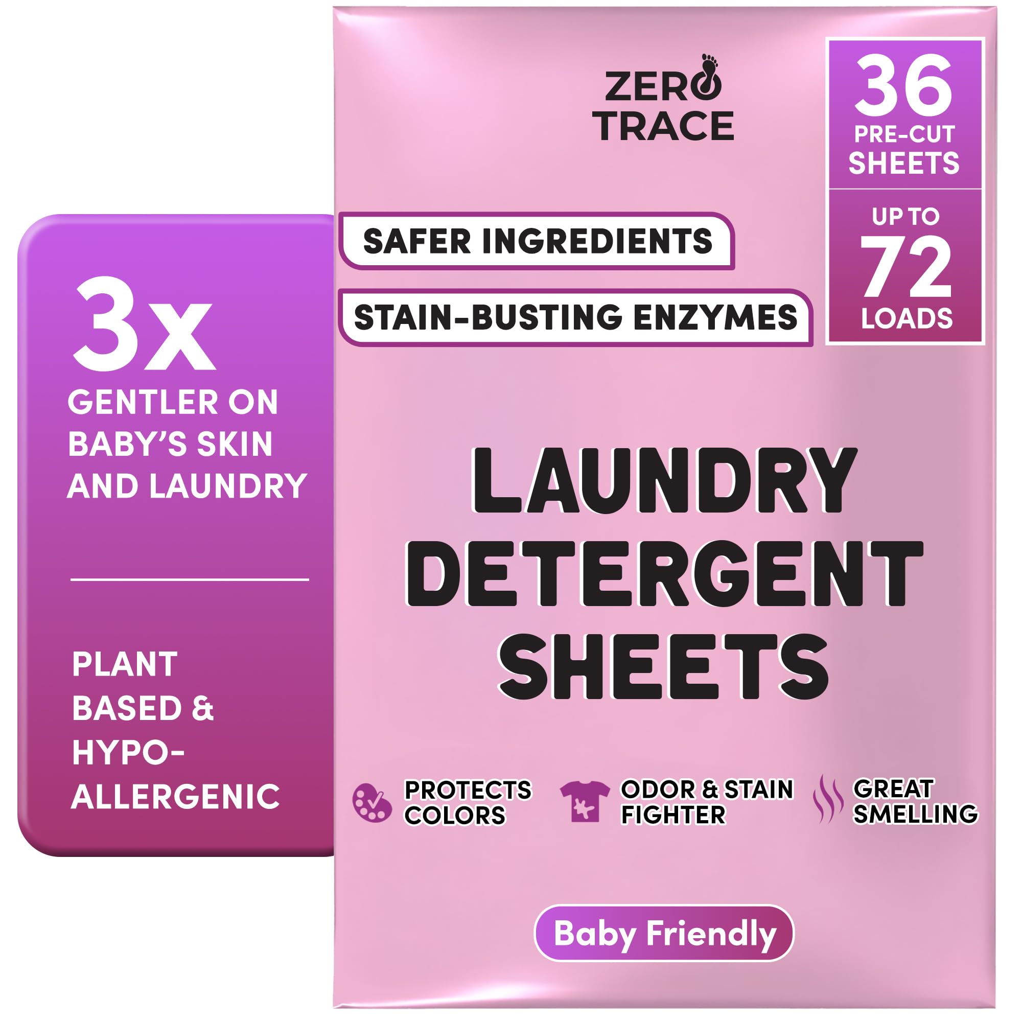 ZERO TRACE Baby Friendly Laundry Detergent Sheets, 72 Loads - Eco Friendly, All Natural, Hypoallergenic, Biodegradable - Sheet Laundry Soap for Sensitive Skin
