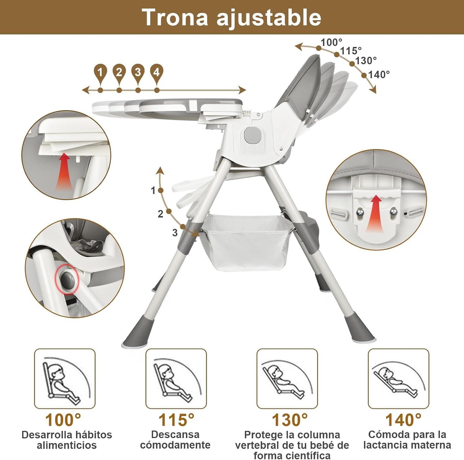 Trona Bebé Evolutiva, Trona para Bebe Ajustable, Trona de Bebes Reclinable, Ajustable y Plegable con Tabla, De 6 meses a 6 años