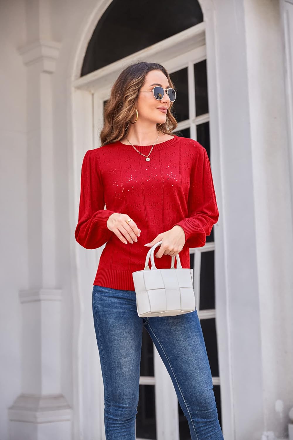 GRACE KARIN Women's Long Lantern Sleeve Crew Neck Crochet Top Hollow Out Fall Pullover Sweater - Image 3