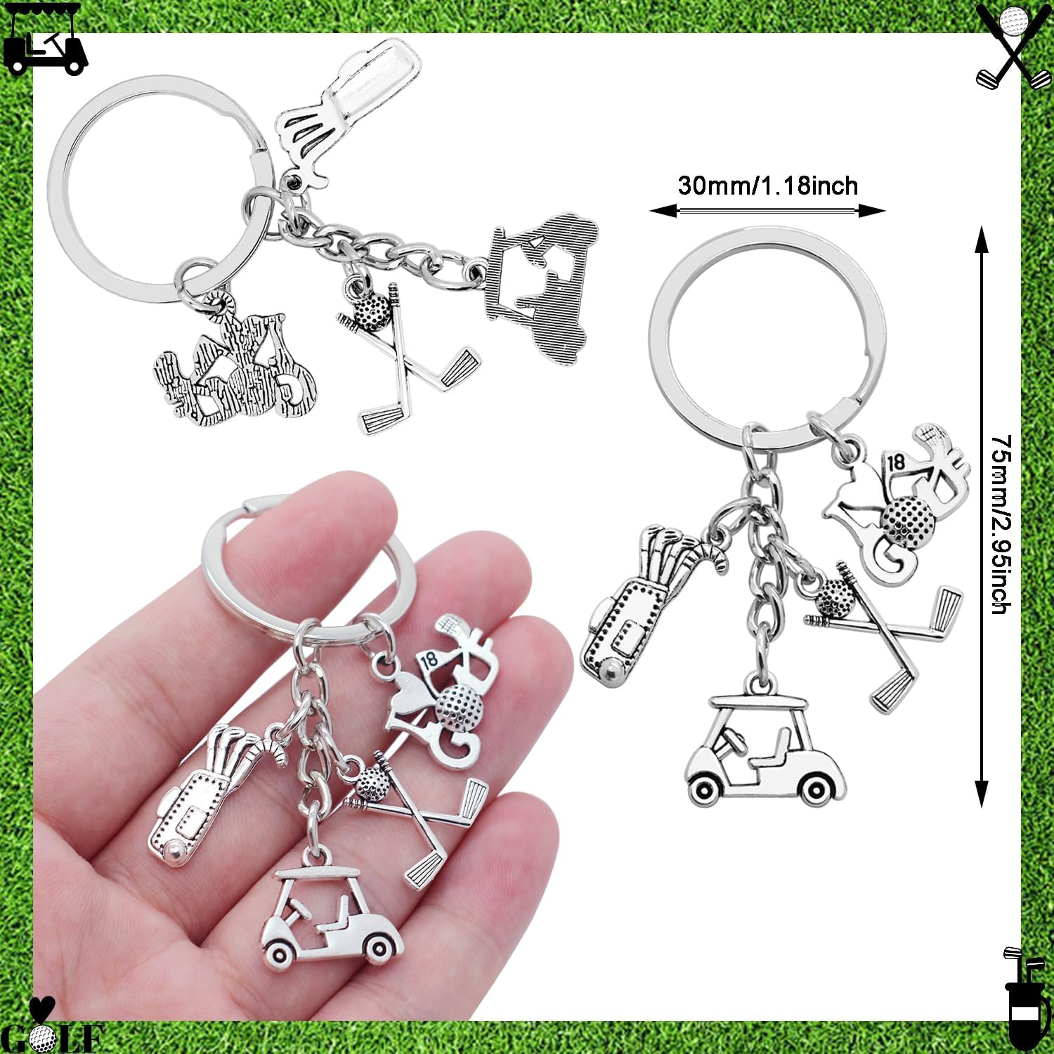 12Pcs Metal Golf Keychain Unisex Sport Keyrings Golf Club Golf Cart Golf Bag I Love Golf Charm Key Holder for Women Men Gift or Sports Party Decorations