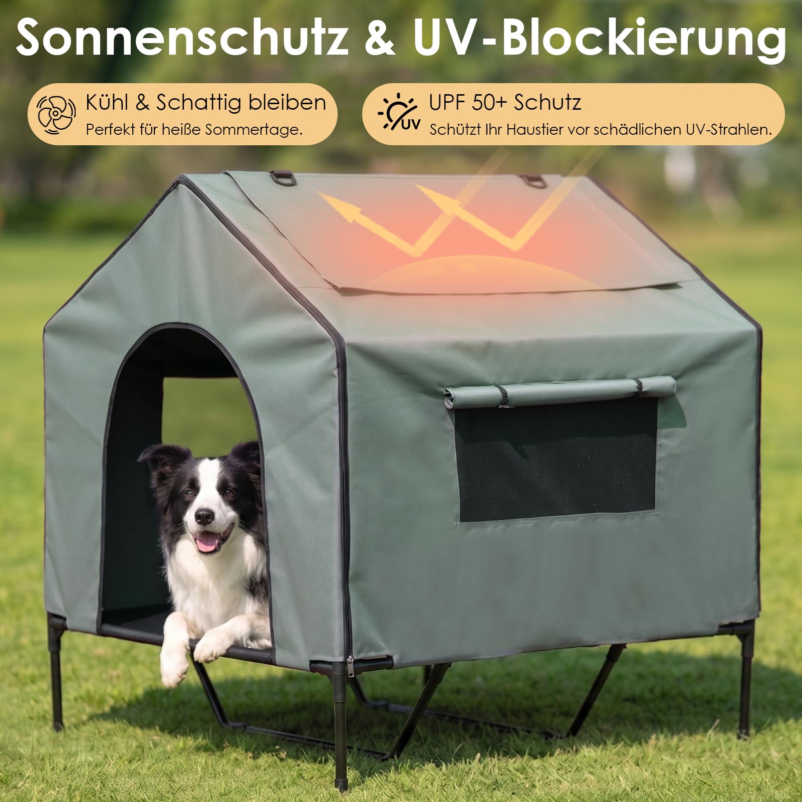 XIAPIA Hundeliege Outdoor mit Dach, 100x100cm Erhöhtes Hundebett für Große Hunde, Wasserdichtes Hundehaus mit UV-Schutz 50+ & Rollos, Kratzfestes Outdoor Hundezelt für Garten & Camping