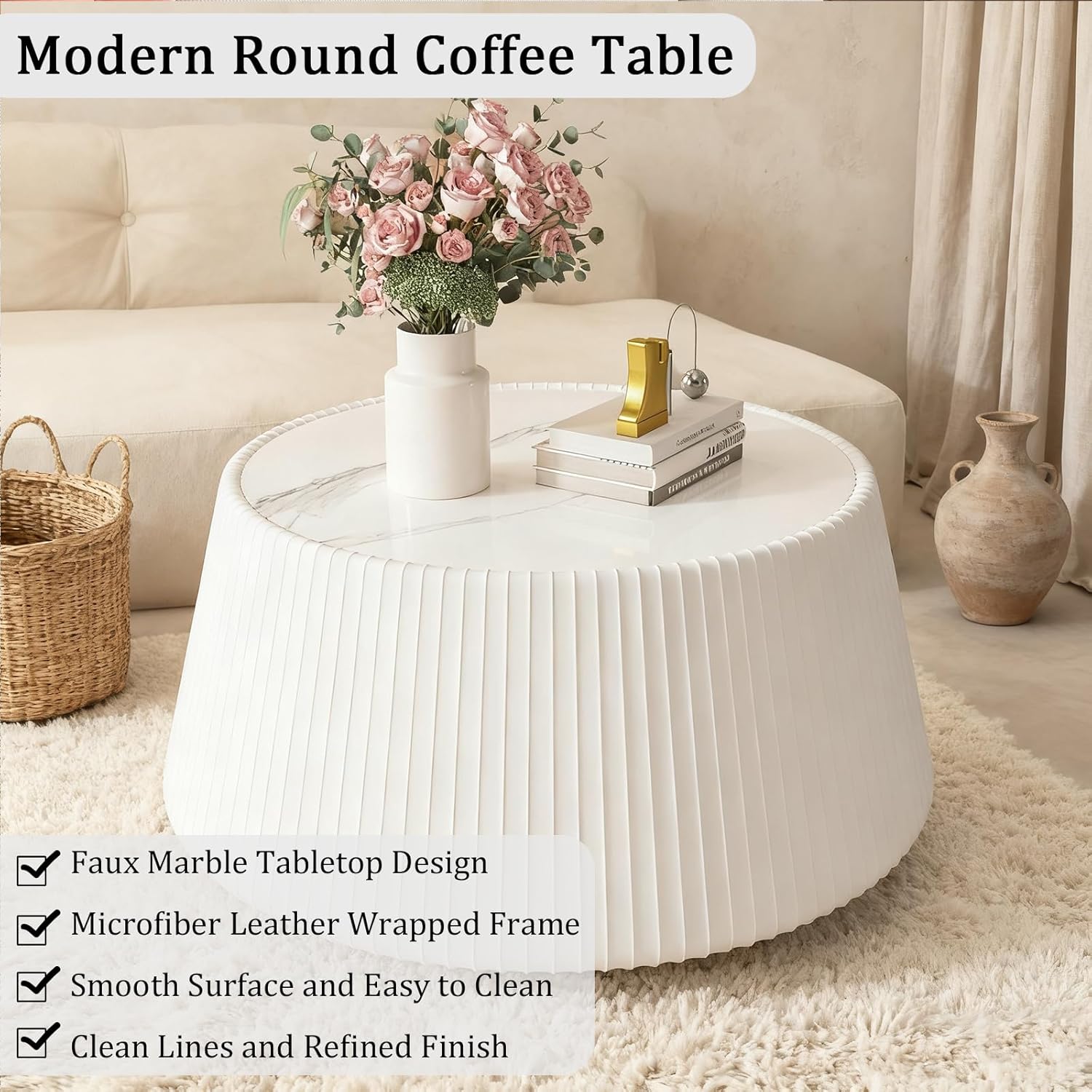 26.77" White Round Coffee Table, Drum Coffee Table with Sintered Stone Tabletop and Fluted PU Leather Covered and Stable Base, Circle Cocktail Tea Table for Living Room