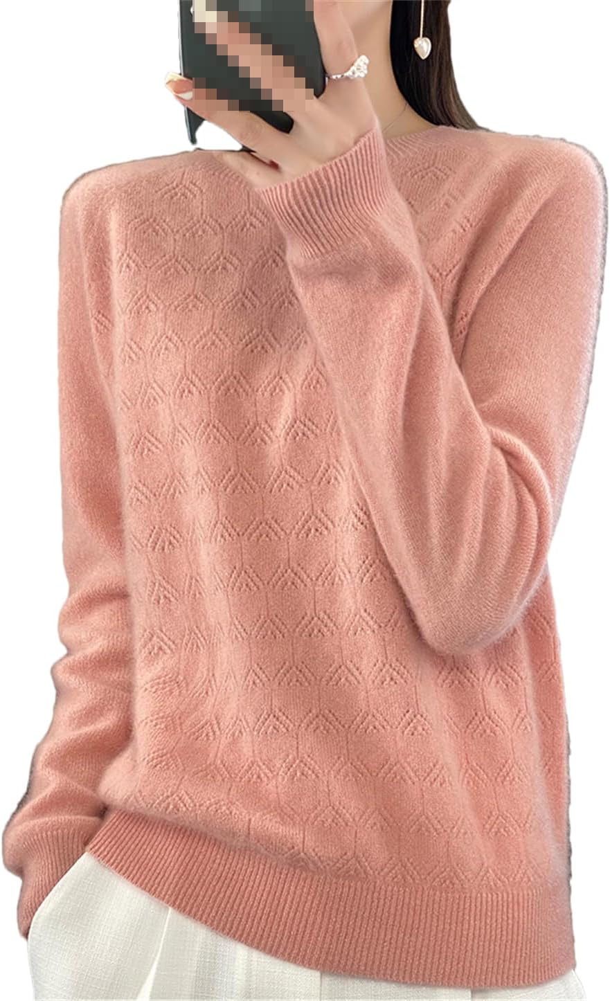 Women Spring Wool Sweater O-Neck Long Sleeve Hollow Out Knitted Pullover
