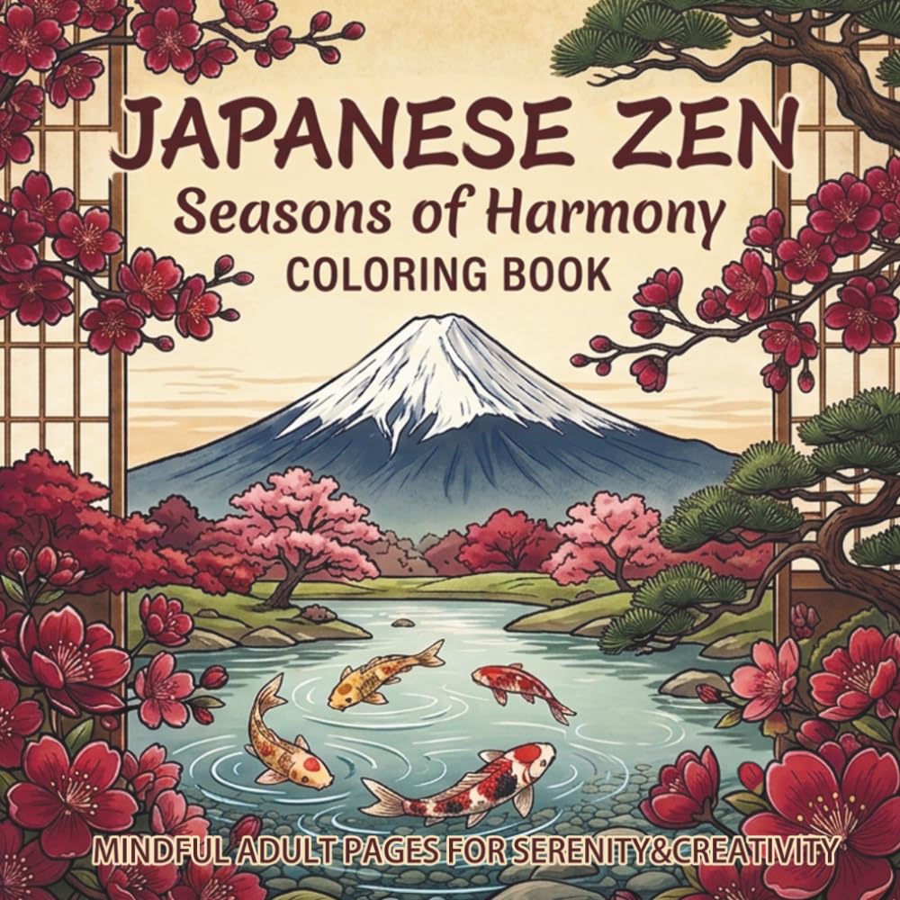 Japanese Zen: Seasons of Harmony: An Elegant Japanese Coloring Book for Adults featuring Relaxing Landscapes, Beautiful Flora, Graceful Koi, and Traditional Serene Motifs