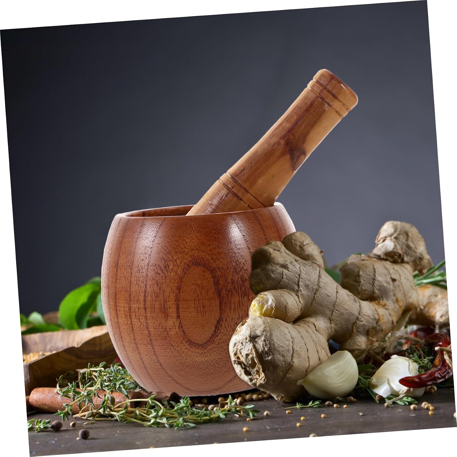 1Set Wooden Mortar Pestle for Garlic Ginger Ergonomic Spices Grinding Tools Convenient Kitchen Seasoning Bowl for Manual Crushing Mincing
