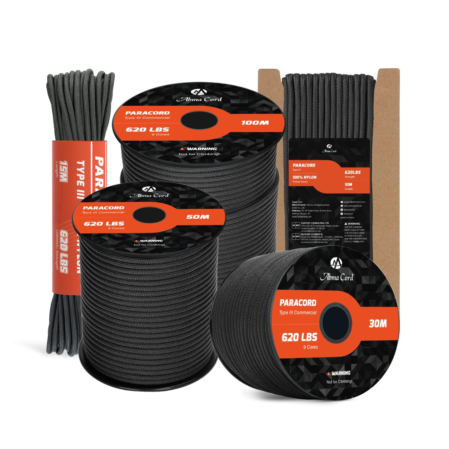 Abma Cord Paracorde 4mm 9 Brins 10m Corde en Nylon Type 3 Corde Parachute 620lbs - Max. 280 kg - Noir