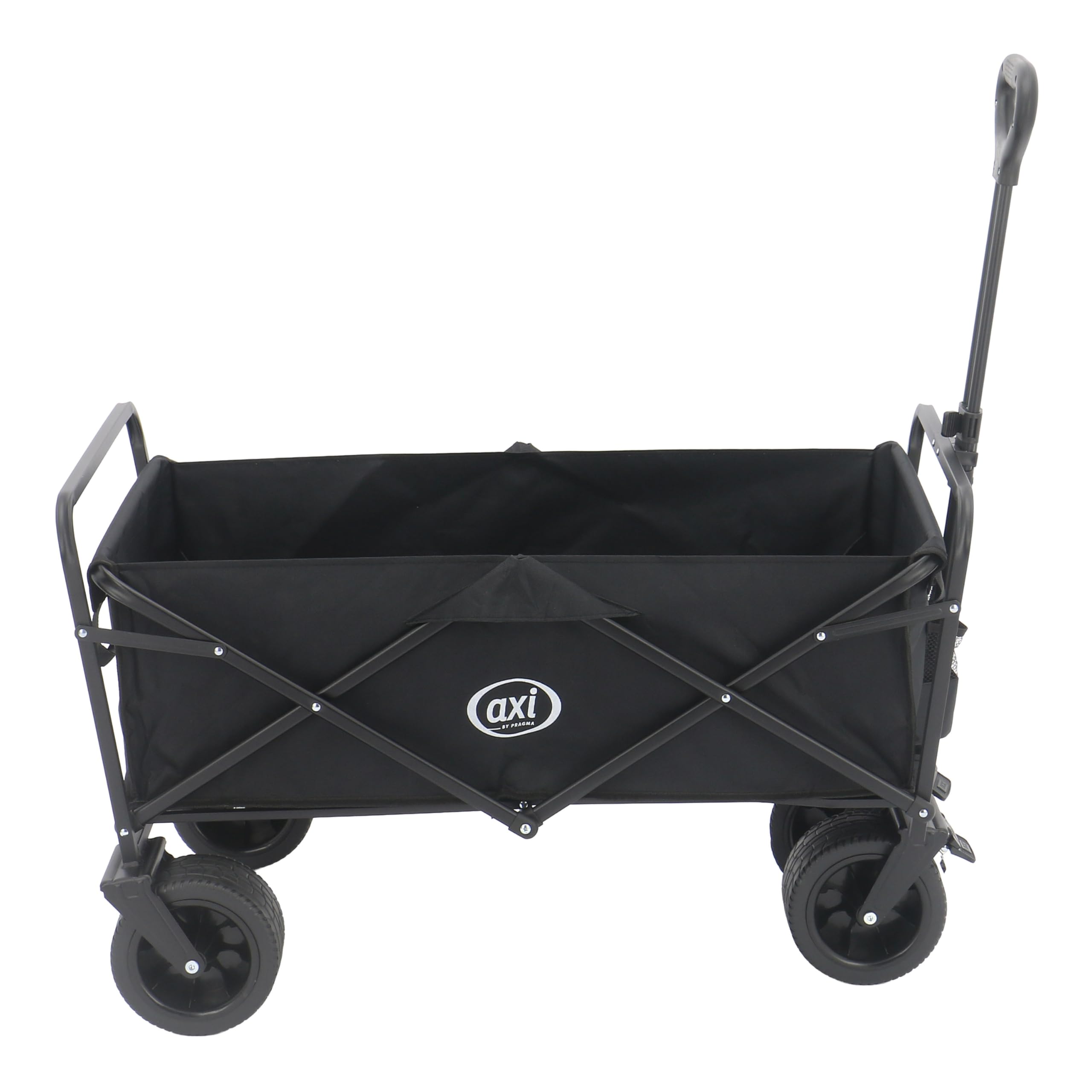 AXI SB131 Faltbarer Bollerwagen in Schwarz | Handwagen Klappbar/Faltbar mit Zugstange, Gurt, Hülle, Innentasche & Getränkehalter - PP Gummireifen | Kapazität: 100 l