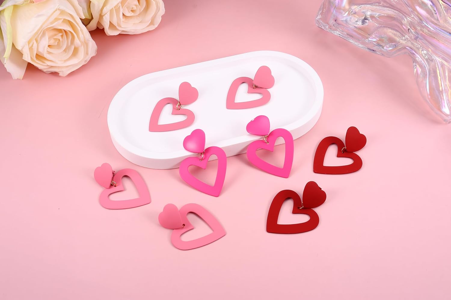 FIBO STEEL Clip on Pink Heart Earrings for Women Dangle Drop Earrings Dangling Double Heart Love Non Pierced Pink Jewlery