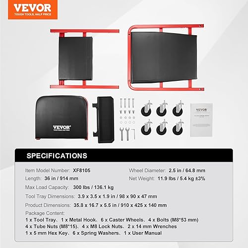 Miniatura 7 de VEVOR - Camilla plegable en Z para cochera, 36 pulgadas, capacidad de carga de 300 libras, taburete mecánico con 6 ruedas, bandeja de herramientas,