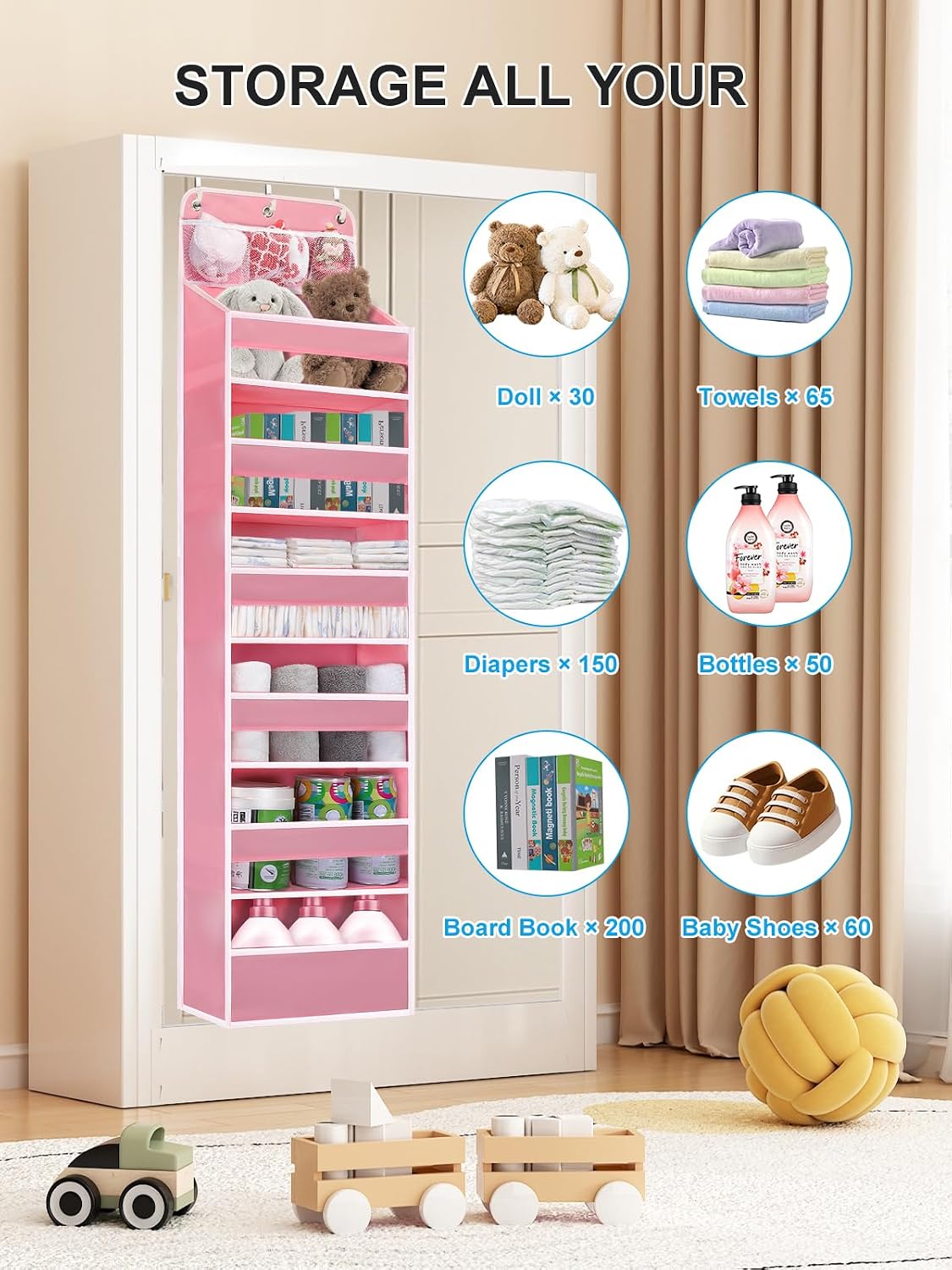 Over Door Hanging Organizer, No Tilt Baby Closet Organizer for Diaper Kids Toys, Hanging Organizer Storage for Newborn Essentials Nursery Bathroom (6 tier Pink)