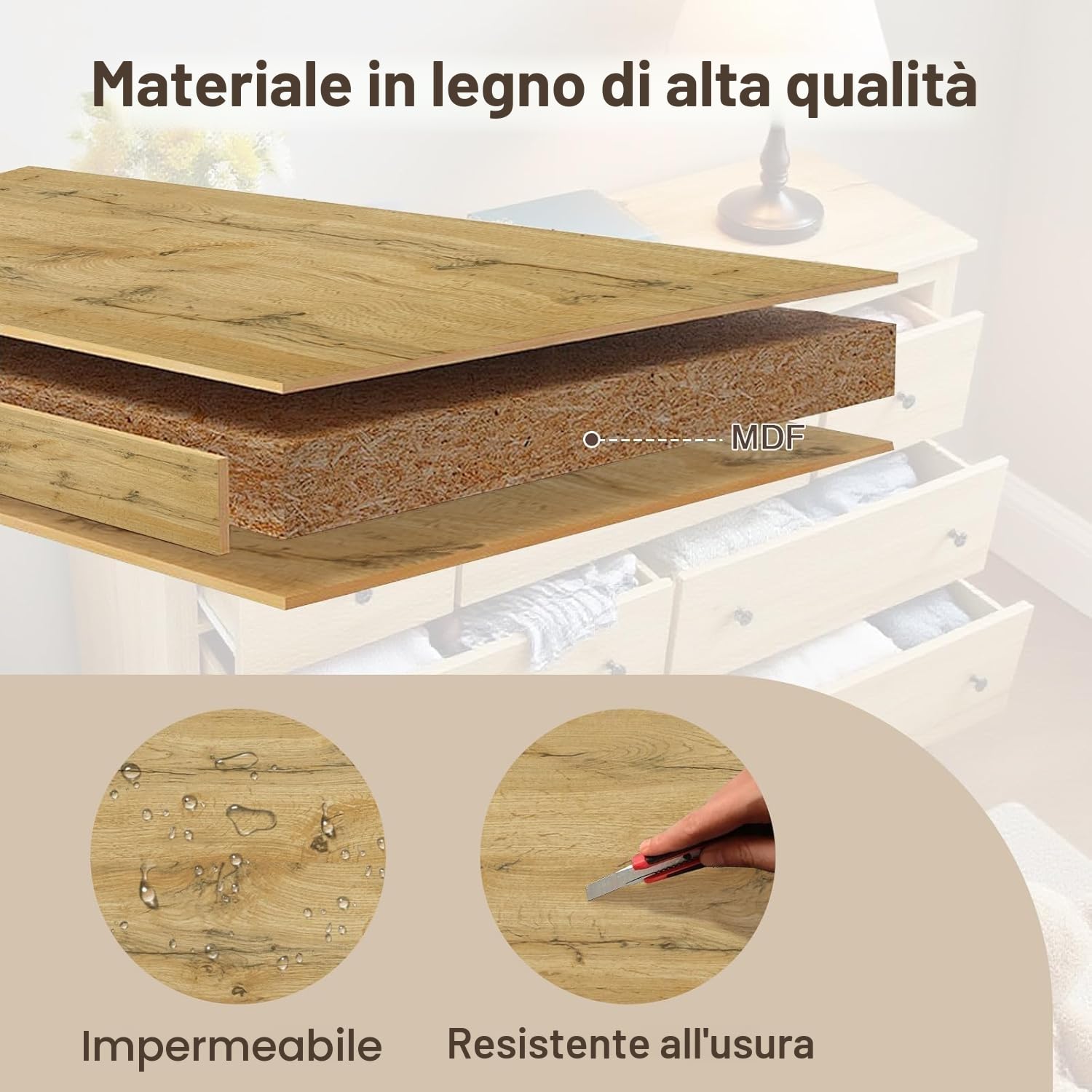 Cassettiera Di Legno, Cassettiera 7 Cassetti 152x40x89cm, Comó Camera Da Letto, Mobile Con Cassetti per Soggiorno, Cucina