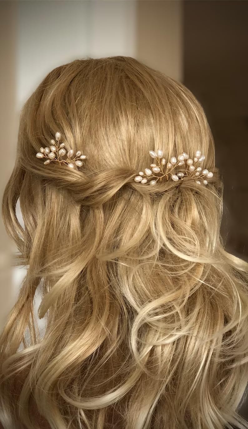 Pearls Bridal Hair Pin, Hair Accessories for Women and Girls, Bridesmaids, Bridal Hair Pin Hair Accessories, Pearl Wedding Hair Vine Crystal Beaded Hair Piece for Bride, 3 Pcs White+Goldan.