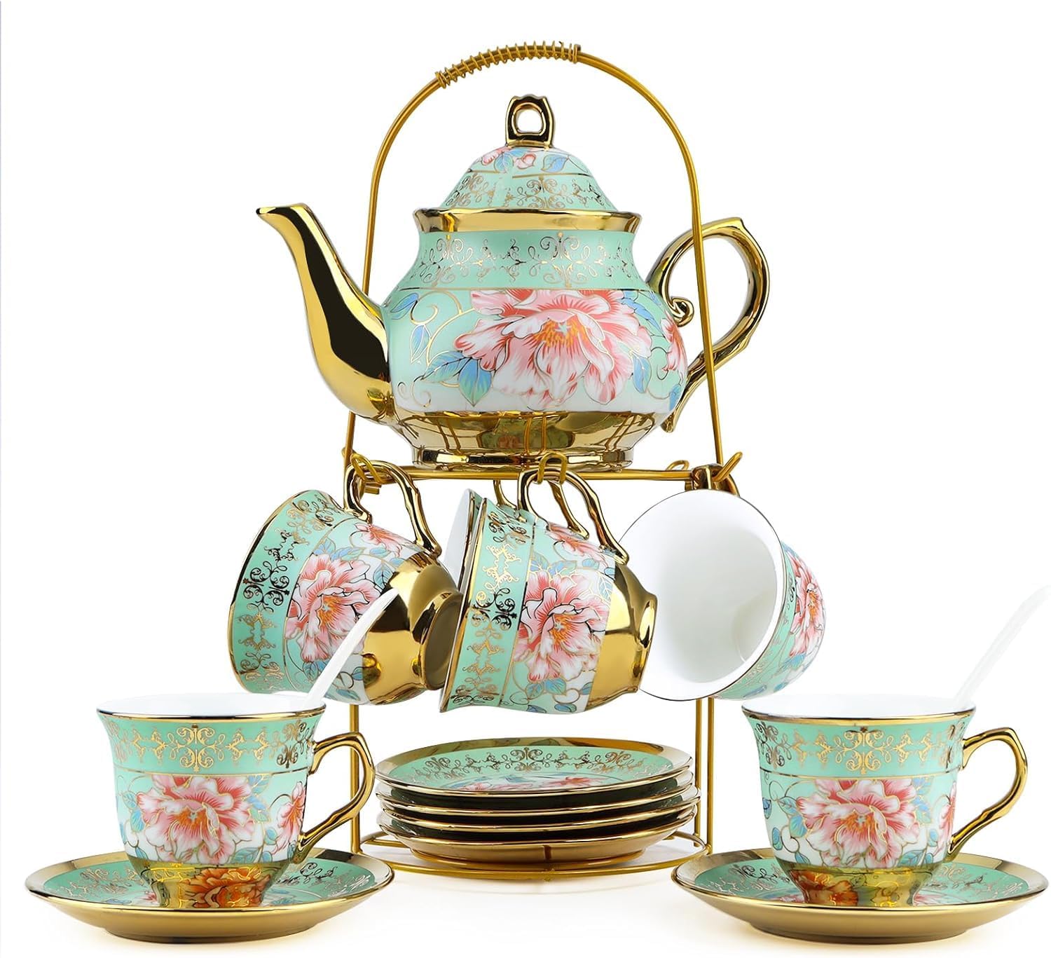20Pcs Porcelain Tea Set with Metal Holder and Spoon, Floral Adult Tea Sets with Teapot Cups Saucers, European Ceramic Tea Parties Set for Women （Large）