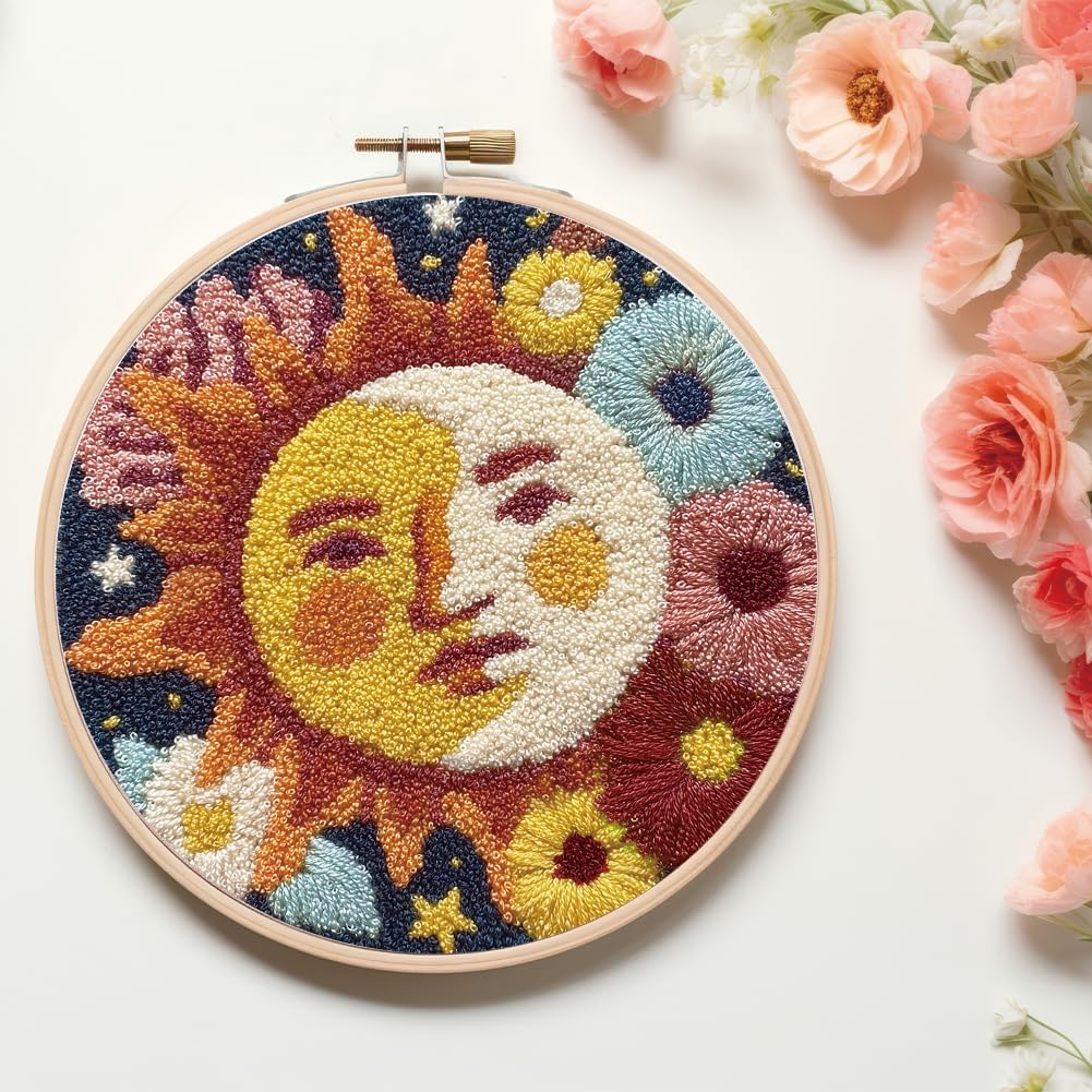 FREEBLOSS DIY Punch Needle Kit for Beginners Sun&Moon Embroidery Punch Needle Starter Craft Set with Instructions Embroidery Hoop Complete Tools for Adults Gift Decoration, 7.9"/20cm
