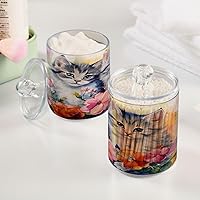 Vista 4 de Paquete de 4 dispensadores Qtip con tapas, contenedores de almacenamiento de plástico con flores de gatos y gatitos, organizador de botes de baño