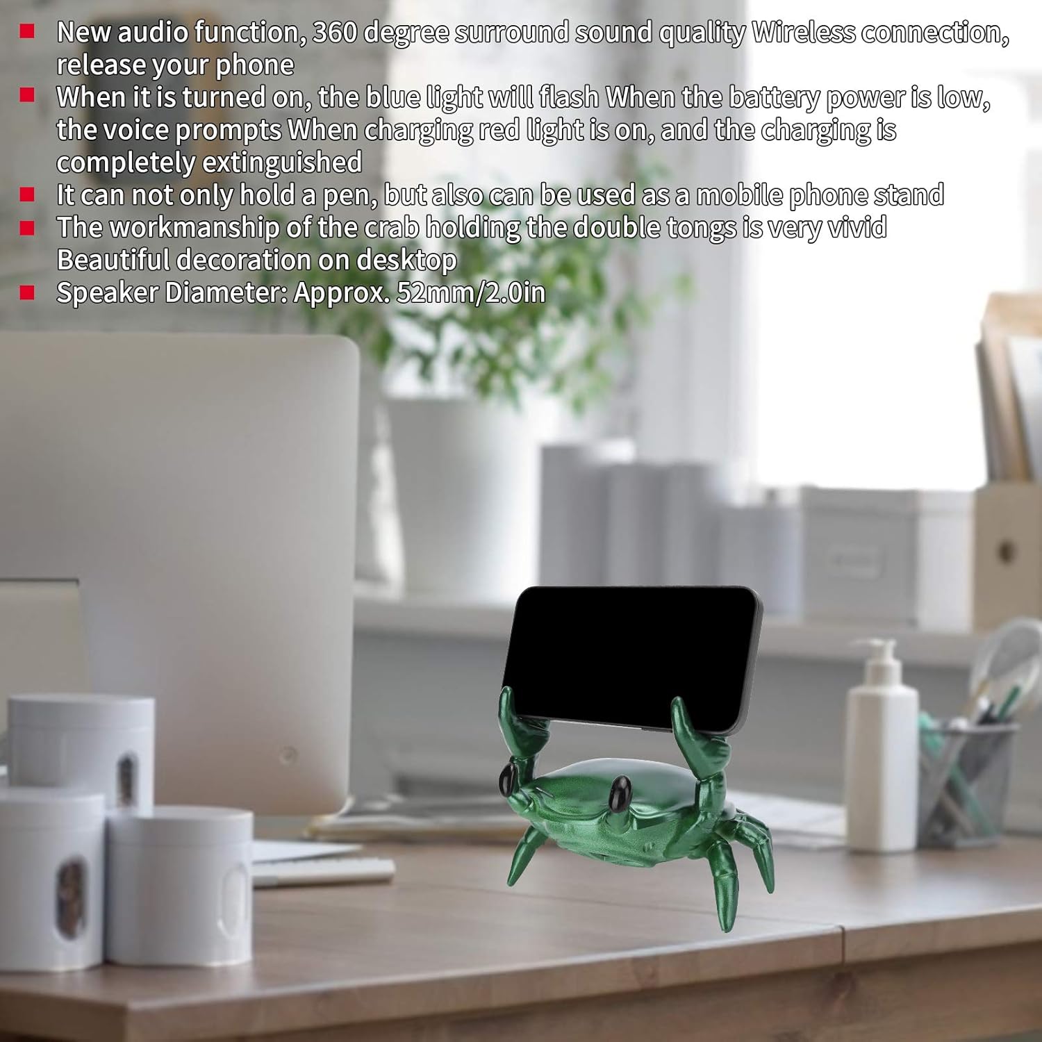 2 in 1 Phone Stand + Bluetooth Speaker, Crab Shape Bracket 360 Degree Surround Speaker for Convenient Life (Green)