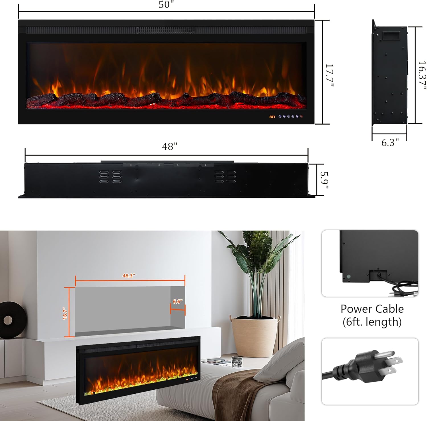 Fireplace dimensions and power cable