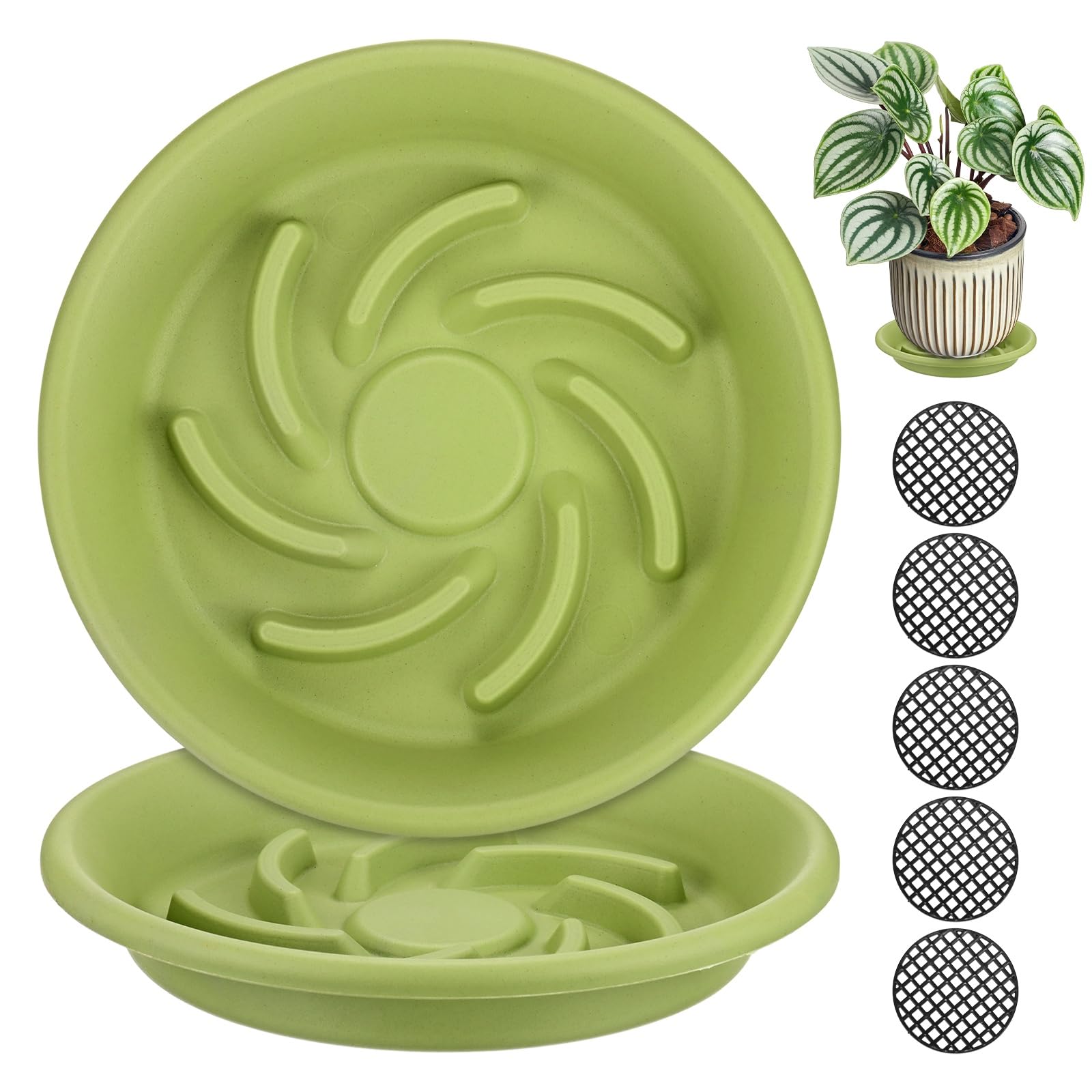M METERXITY 2-Pack Plant Saucer, 5.5 Inch/ 14cm Plastic Plant Trays Thicker for Pots/Indoor/Outdoor/Water Drainage and Protection, Flowerpot Drip Tray [Apple Green]