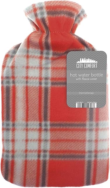 Hot Water Bottle with Beautiful Fleece Print Soft Cover Premium Natural Rubber 2 Litre Hot Water Bag - Helps Provide Warmth and Comfort (Red and Grey Check)