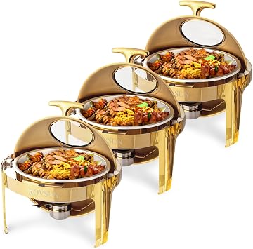 ROVSUN 6 QT Chafing Dishes for Buffet 3 Pack, Roll Top Chafing Dish Buffet Set, Stainless Steel Buffet Warmer Chafers and Buffet Warmers Sets for Catering Events Parties Weddings Dinners,Gold