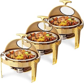ROVSUN 6 QT Chafing Dishes for Buffet 3 Pack, Roll Top Chafing Dish Buffet Set, Stainless Steel Buffet Warmer Chafers and Buffet Warmers Sets for Catering Events Parties Weddings Dinners,Gold
