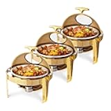 ROVSUN 6 QT Chafing Dishes for Buffet 3 Pack, Roll Top Chafing Dish Buffet Set, Stainless Steel Buffet Warmer Chafers and Buffet Warmers Sets for Catering Events Parties Weddings Dinners,Gold