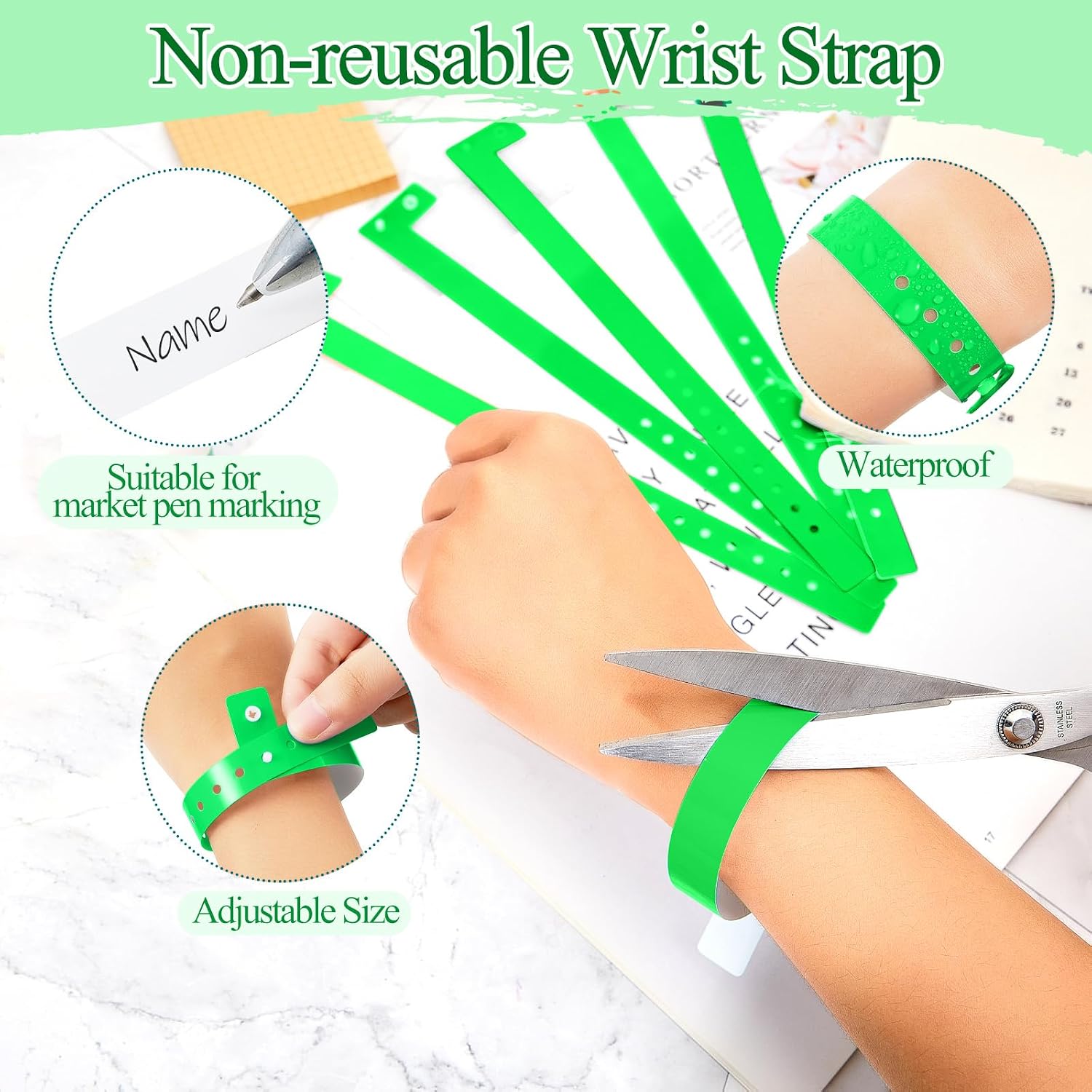 Henoyso 300 Pcs Green Plastic Wristbands for Events Vinyl Wristband Plastic Bracelet for Events Arm Band Identification for Concerts Carnivals