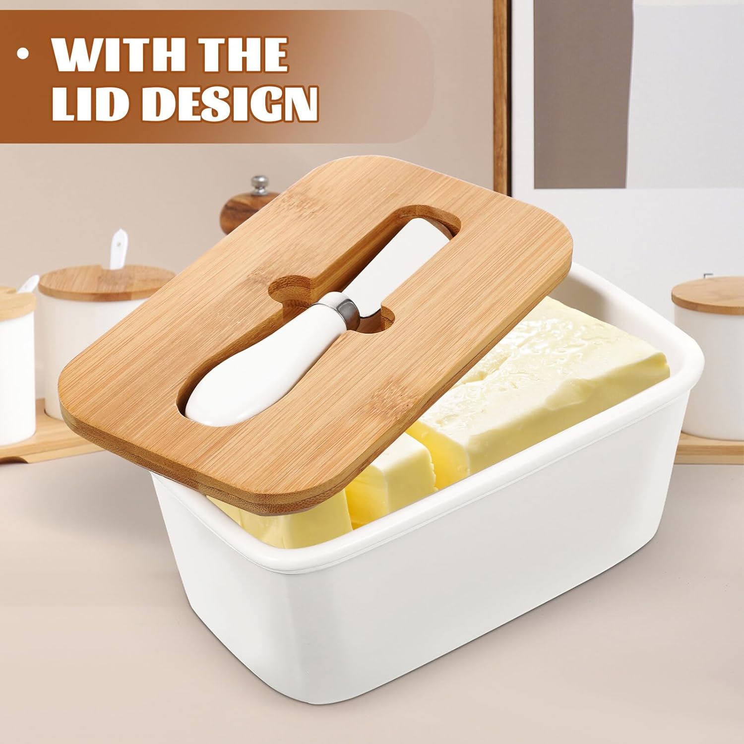 Sosoport Ceramic Butter Dish with Lid and Cutter, White Porcelain Butter Box Set, Food-grade Storage Container for Kitchen and Dining Table Use