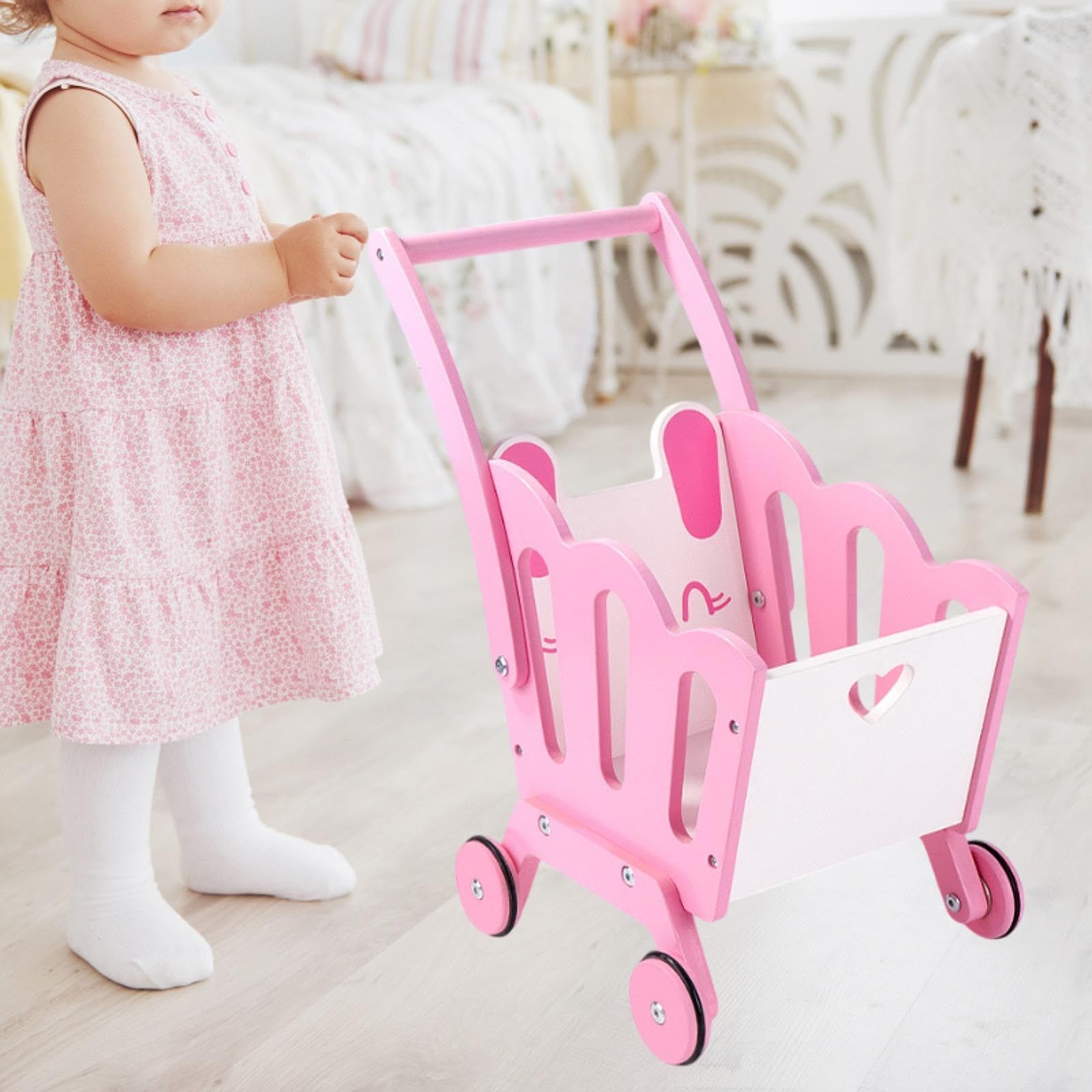 Carrello della Spesa per Bambini, Passeggino, Set per Giochi di Ruolo, Cibo Giocattolo in Legno, Carrello della Spesa per I più Piccoli, Rosa